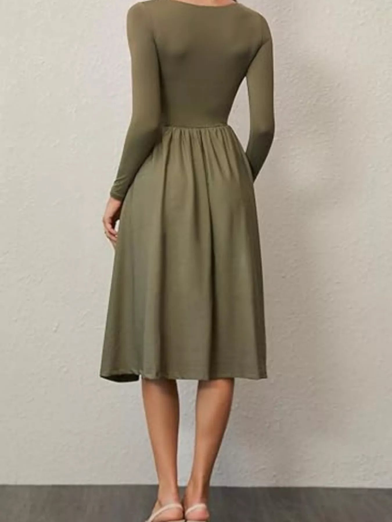 Square Neck Long Sleeve Midi Dress