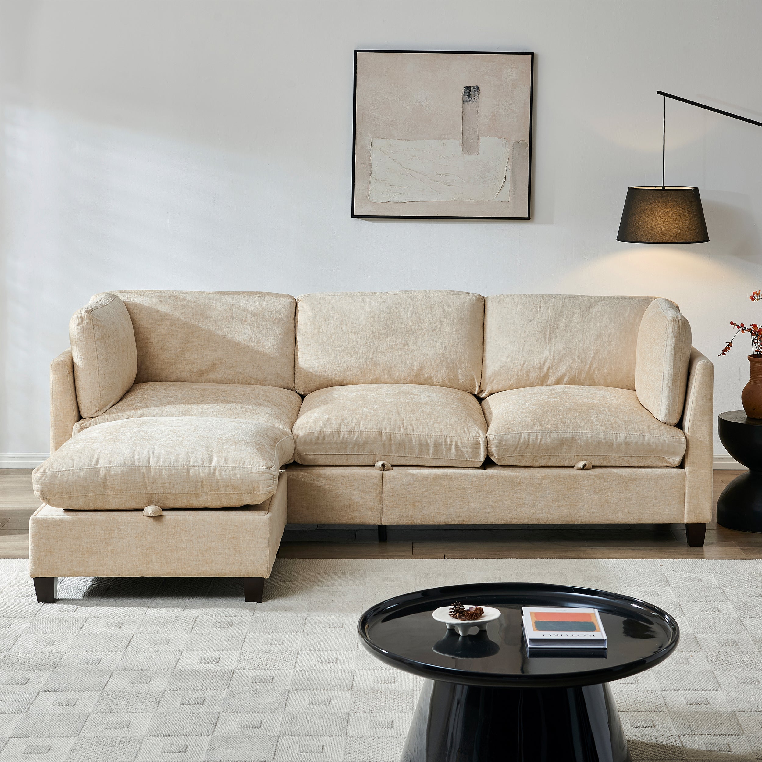 Soft Chenille 3-Seater Sectional Couch with Ottoman