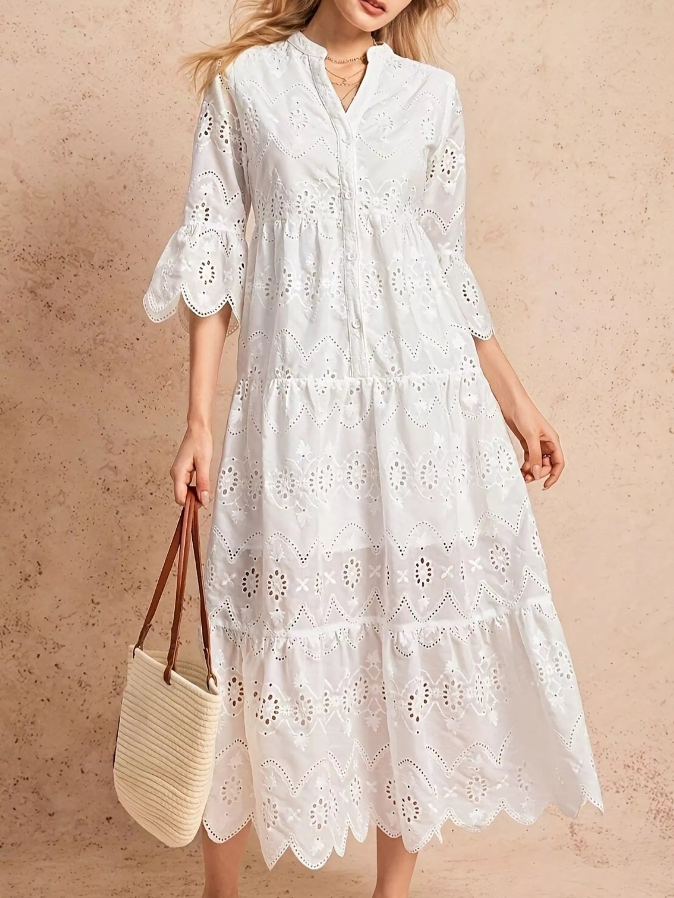 Eyelet Notched Tiered Midi Dress