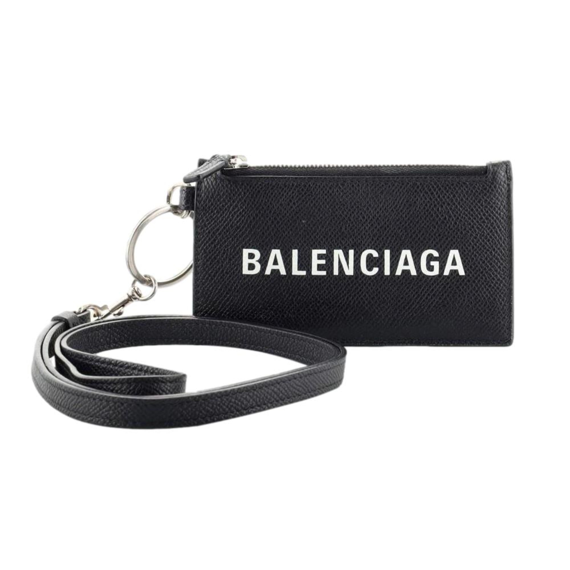 Balenciaga Cash Logo Neck Lanyard Card Holder Wallet Black Leather