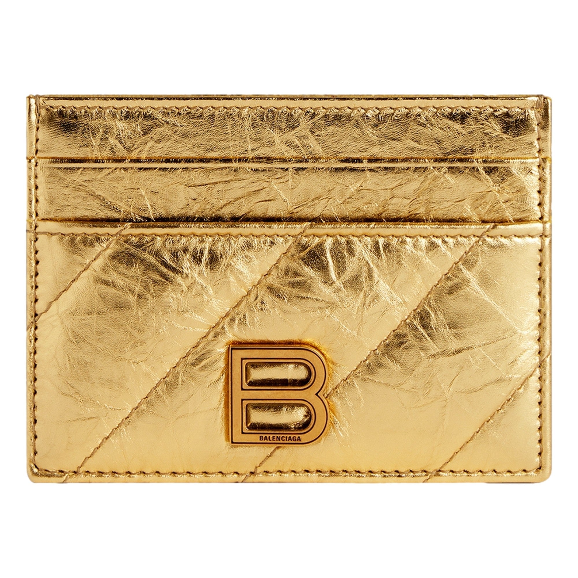 Balenciaga Crush Quilted Metallic Gold Leather Card Holder Wallet Gold Hardware
