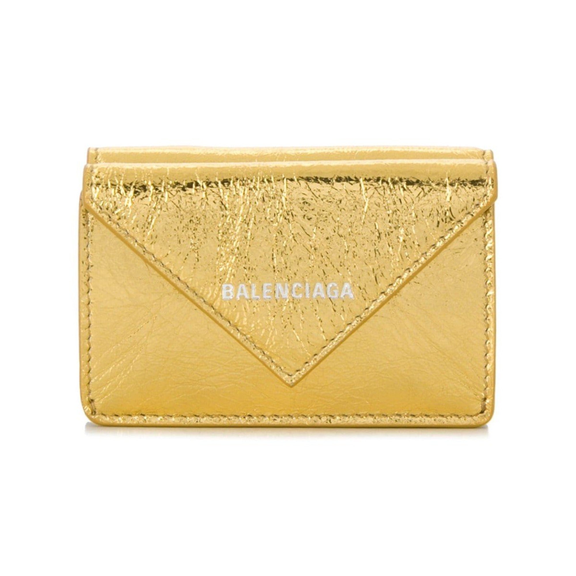 Balenciaga Papier Mini Trifold Wallet Metallic Gold Lambskin Leather