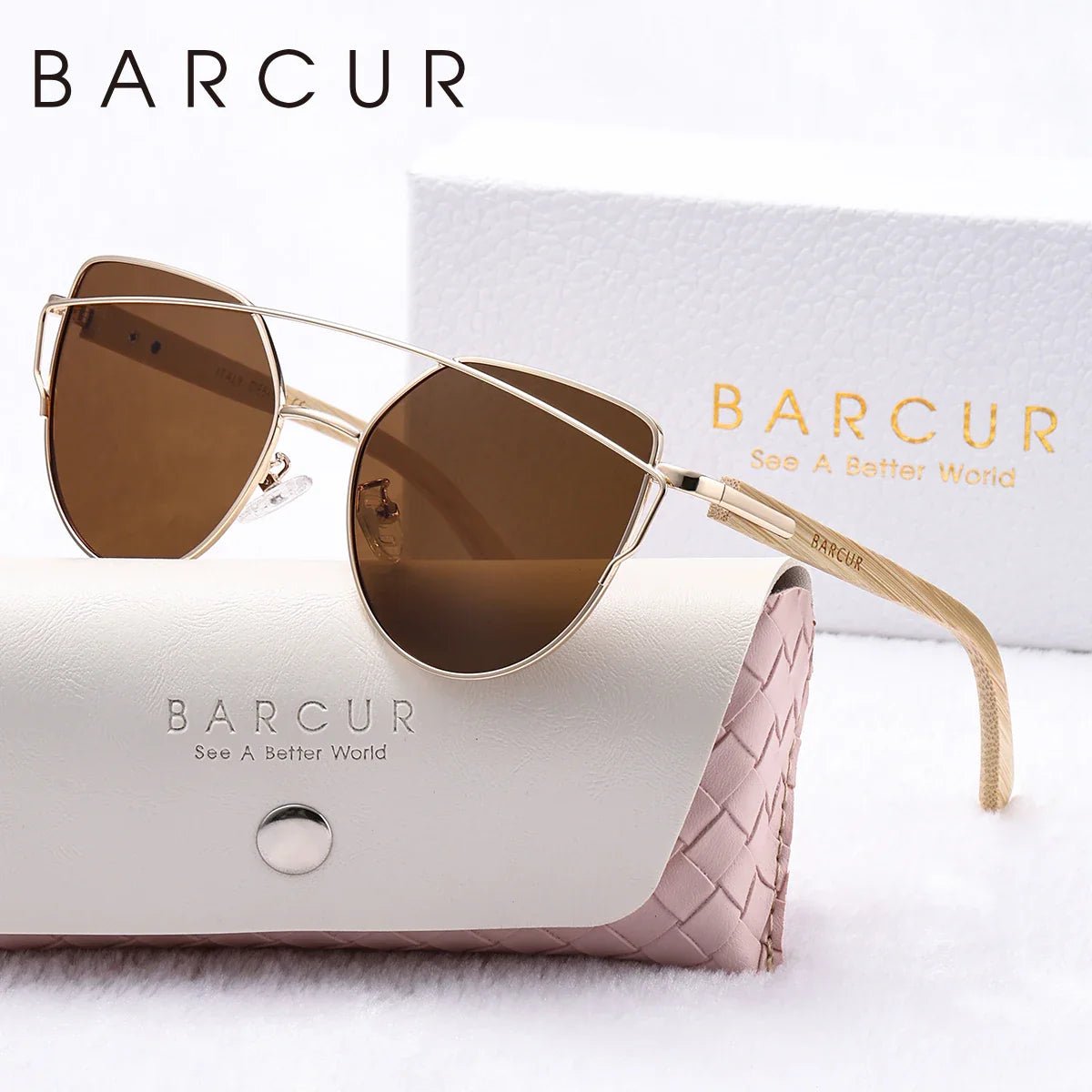 BARCUR Luxury High-Quality UV400 Women’s Polarized Sunglasses Cat Eye Bamboo Foot Frame Mirrored Lenses Presented in a White Gift Box for Summer - Overture Gifts