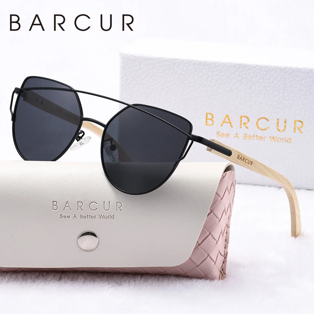 BARCUR Luxury High-Quality UV400 Women’s Polarized Sunglasses Cat Eye Bamboo Foot Frame Mirrored Lenses Presented in a White Gift Box for Summer - Overture Gifts