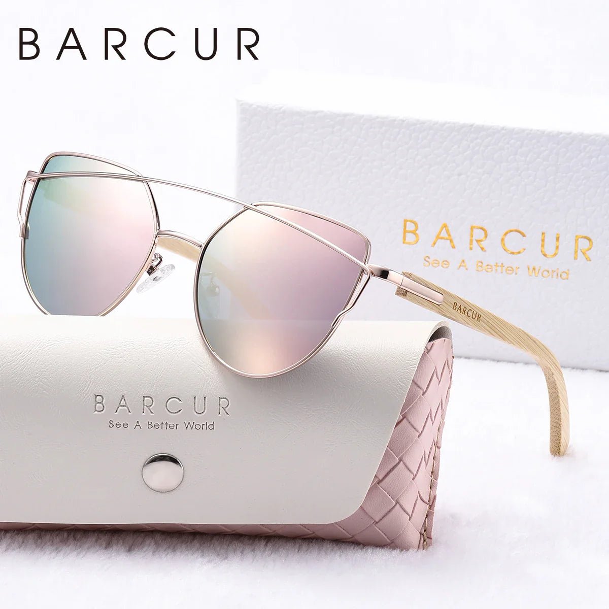 BARCUR Luxury High-Quality UV400 Women’s Polarized Sunglasses Cat Eye Bamboo Foot Frame Mirrored Lenses Presented in a White Gift Box for Summer - Overture Gifts
