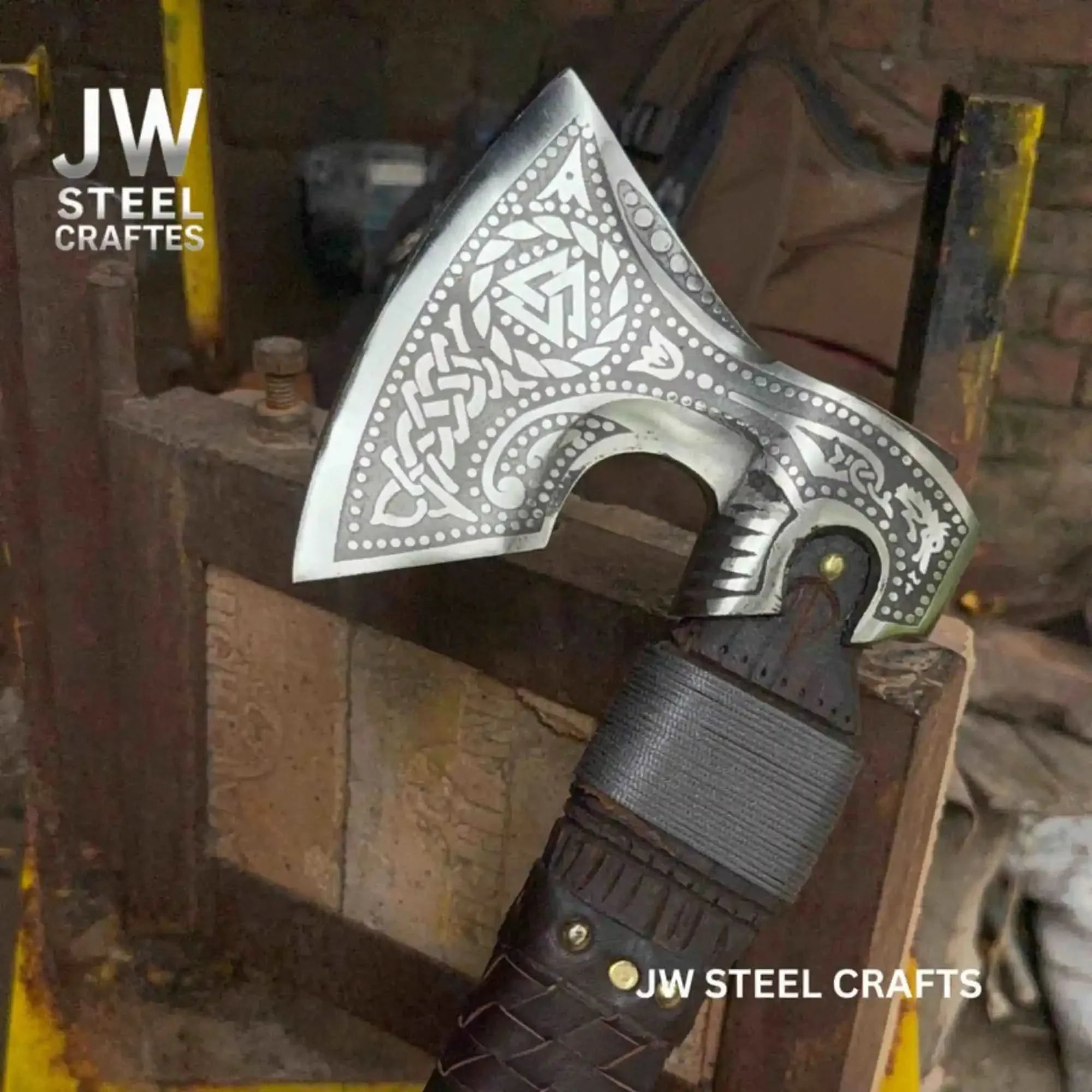 Engraved Norse Valknut Hatchet with Braided Leather Handle