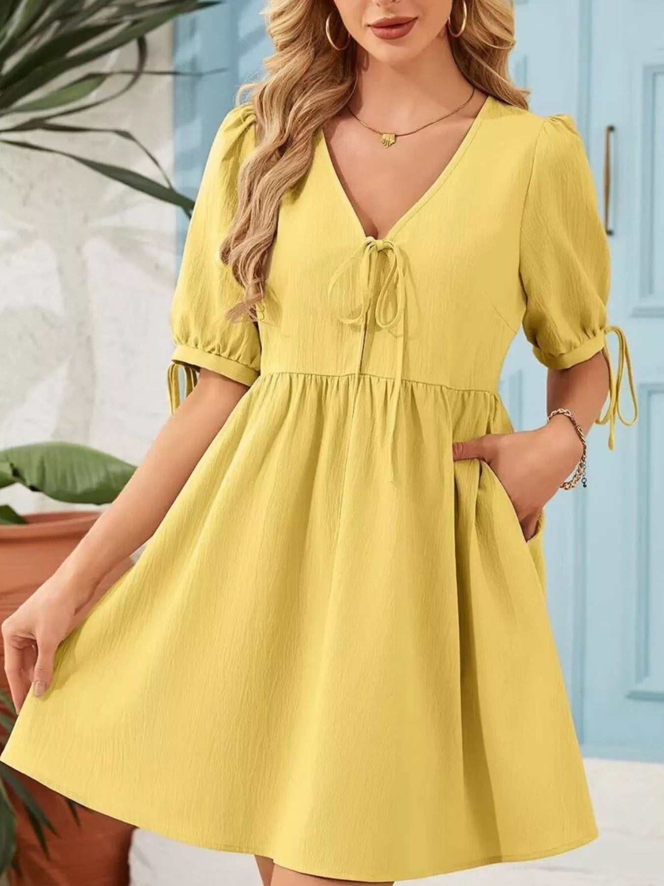 Tie-Neck Puff Sleeve A-Line Mini Dress