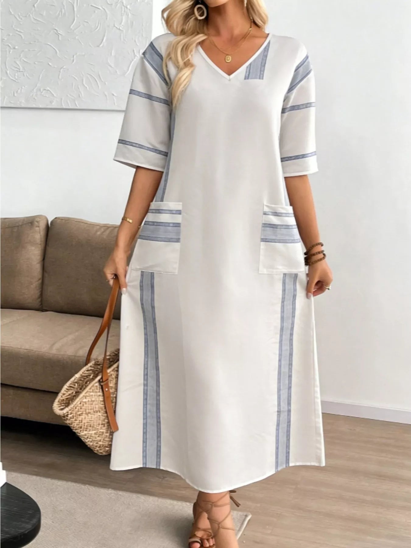 Striped V-Neck Maxi Dress
