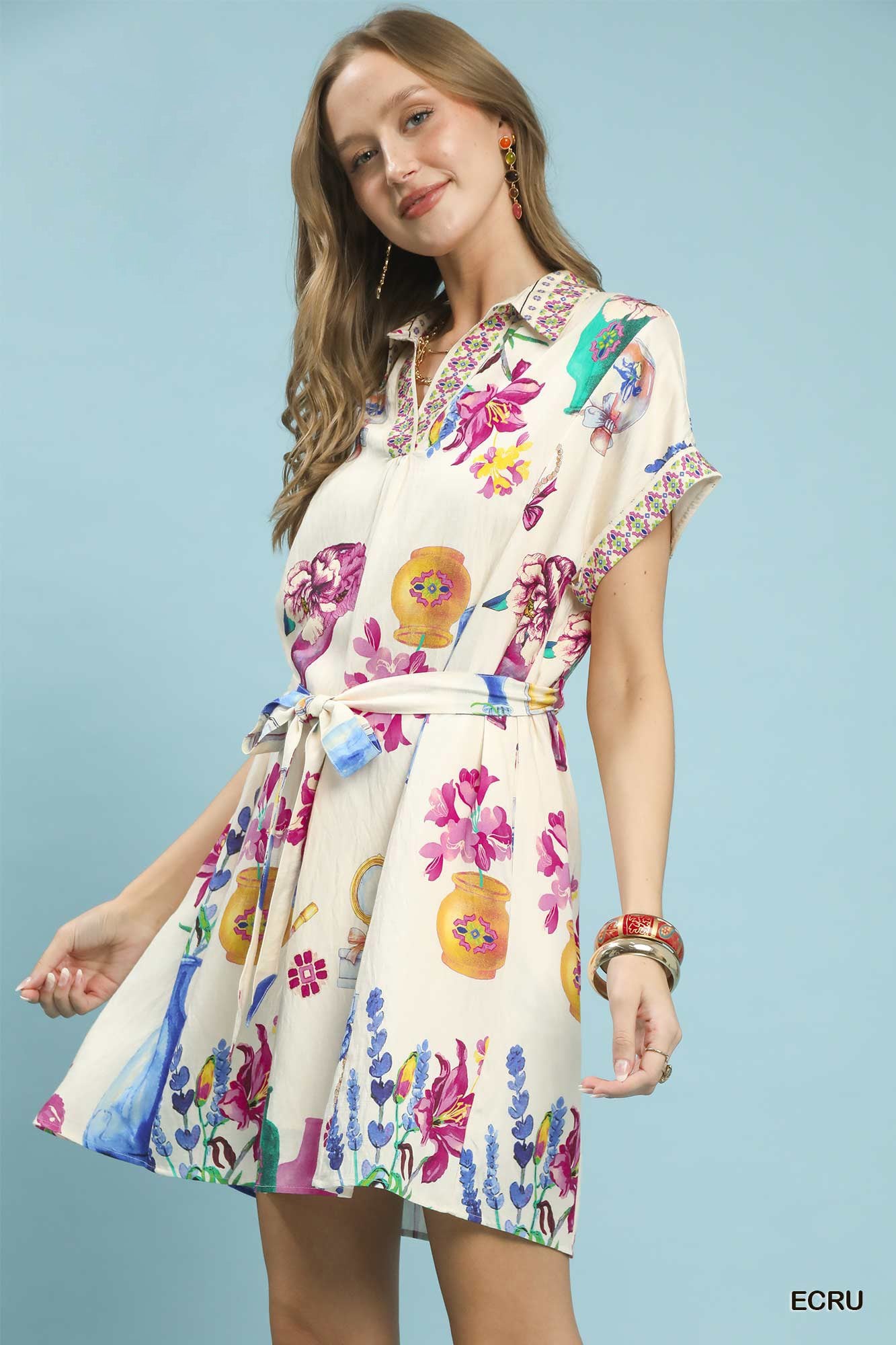 Umgee Floral Print Mini Dress with Belt