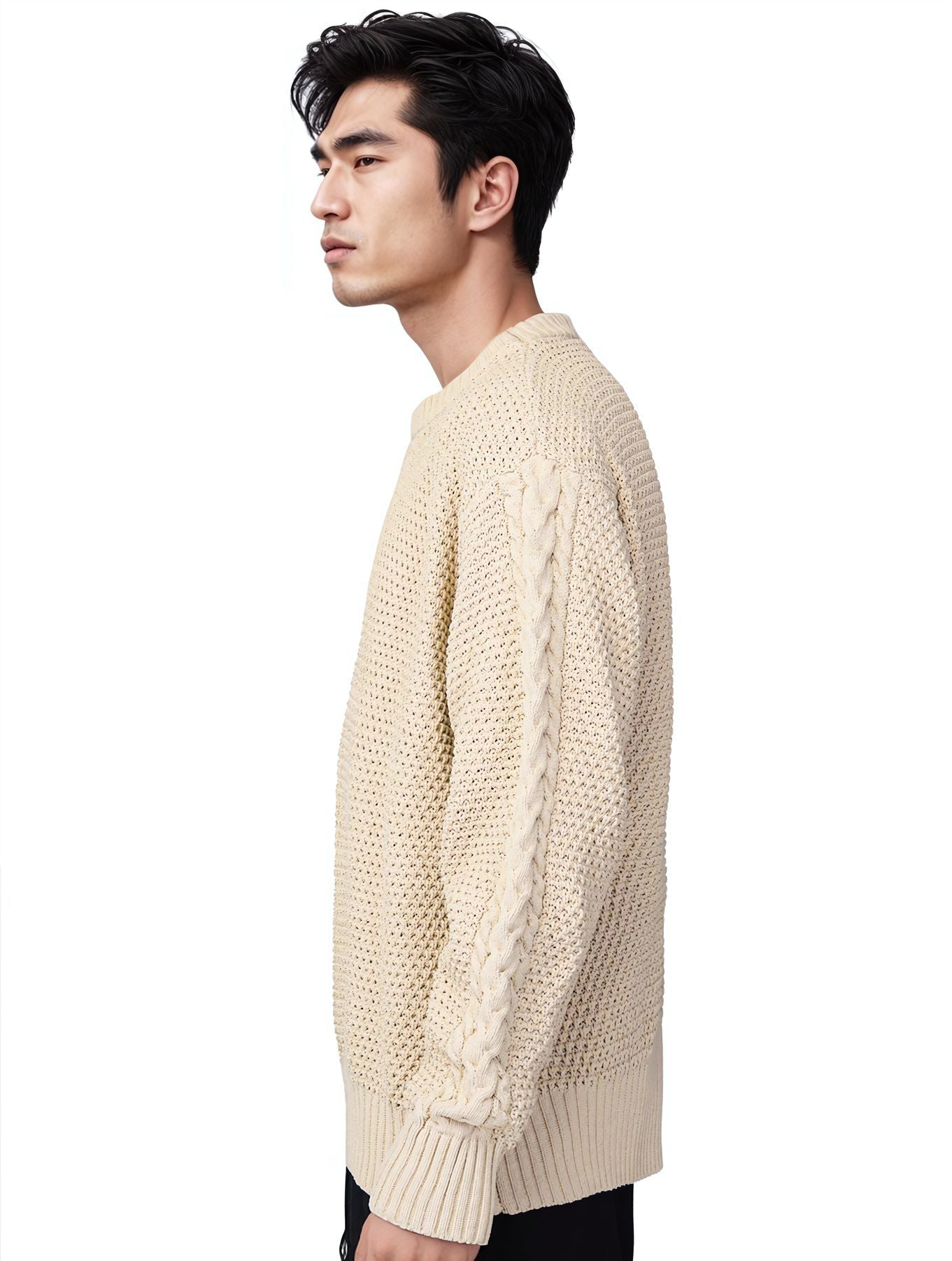 Cable Knit Wool Sweater — Relaxed Fit, Beige