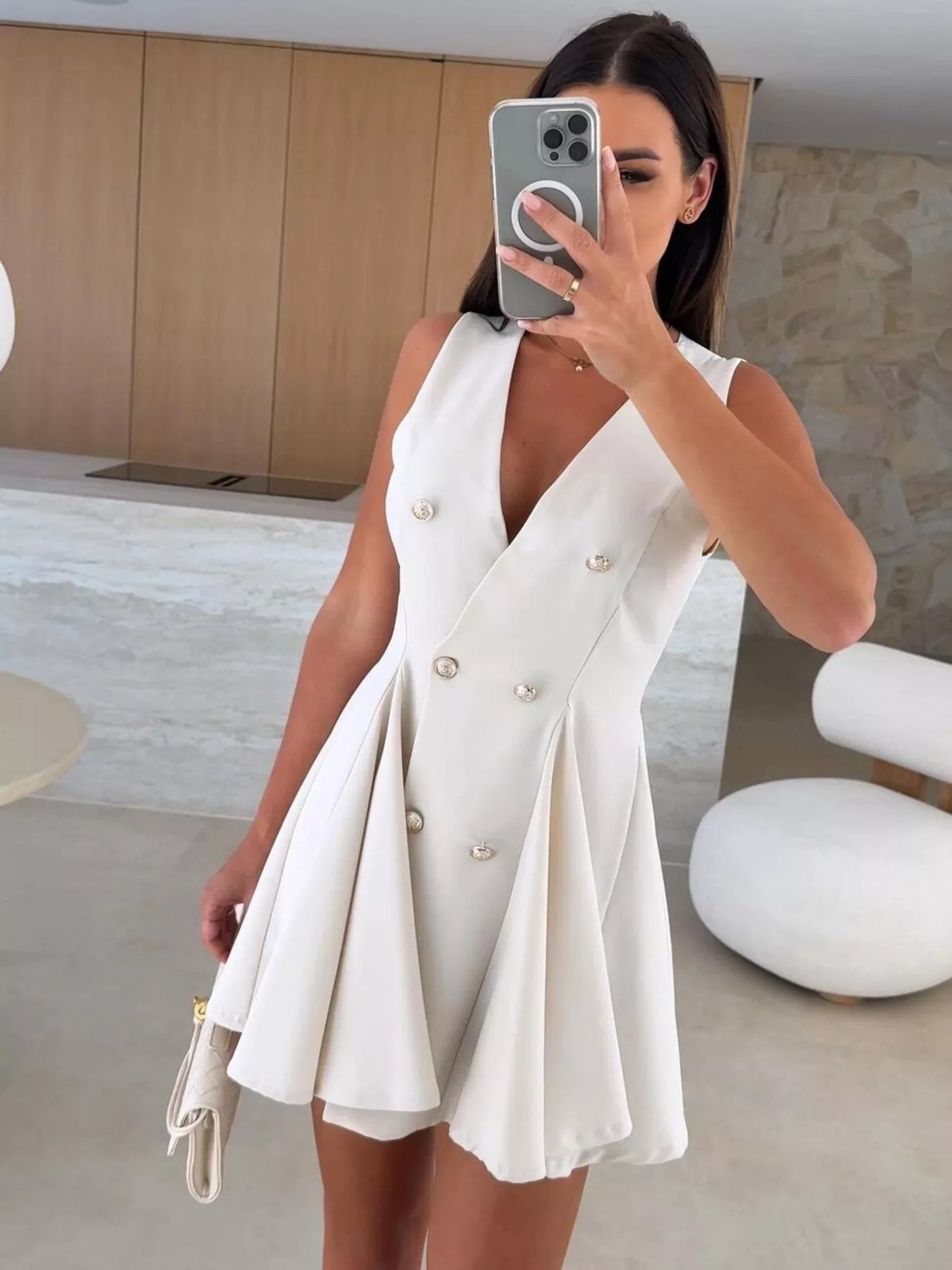 Double-Breasted V-Neck Mini Dress