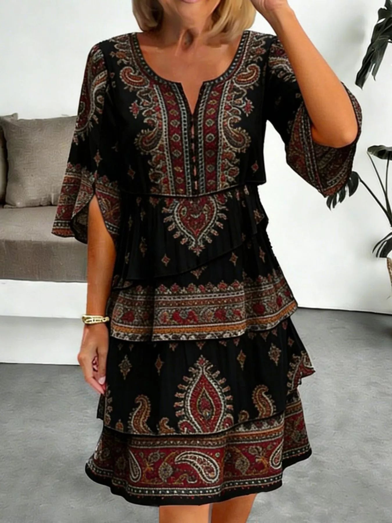 Full Size Paisley Print Layered Ruffle Mini Dress Plus Size