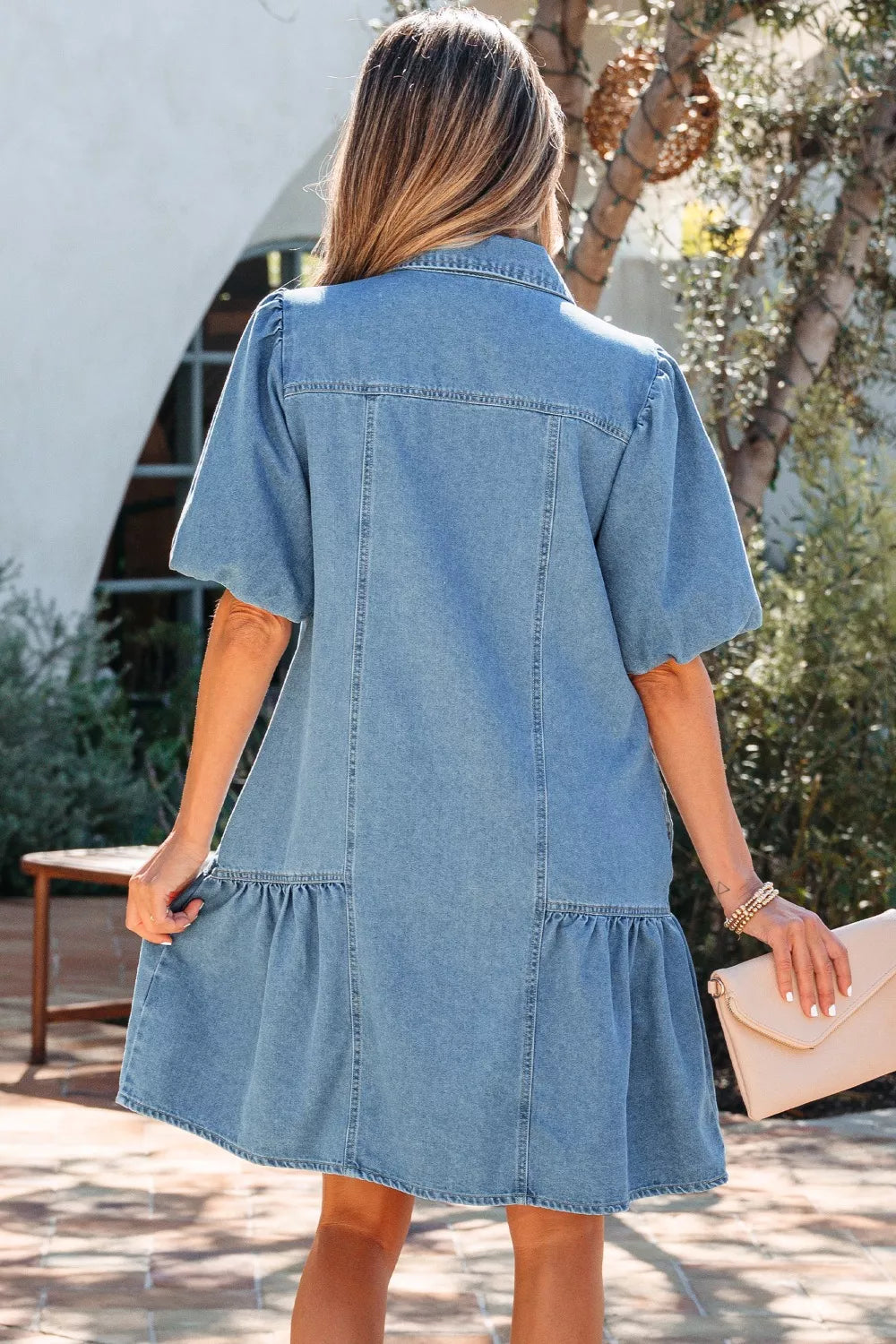 Button Down Short Puff Sleeve Ruffle Hem Denim Dress