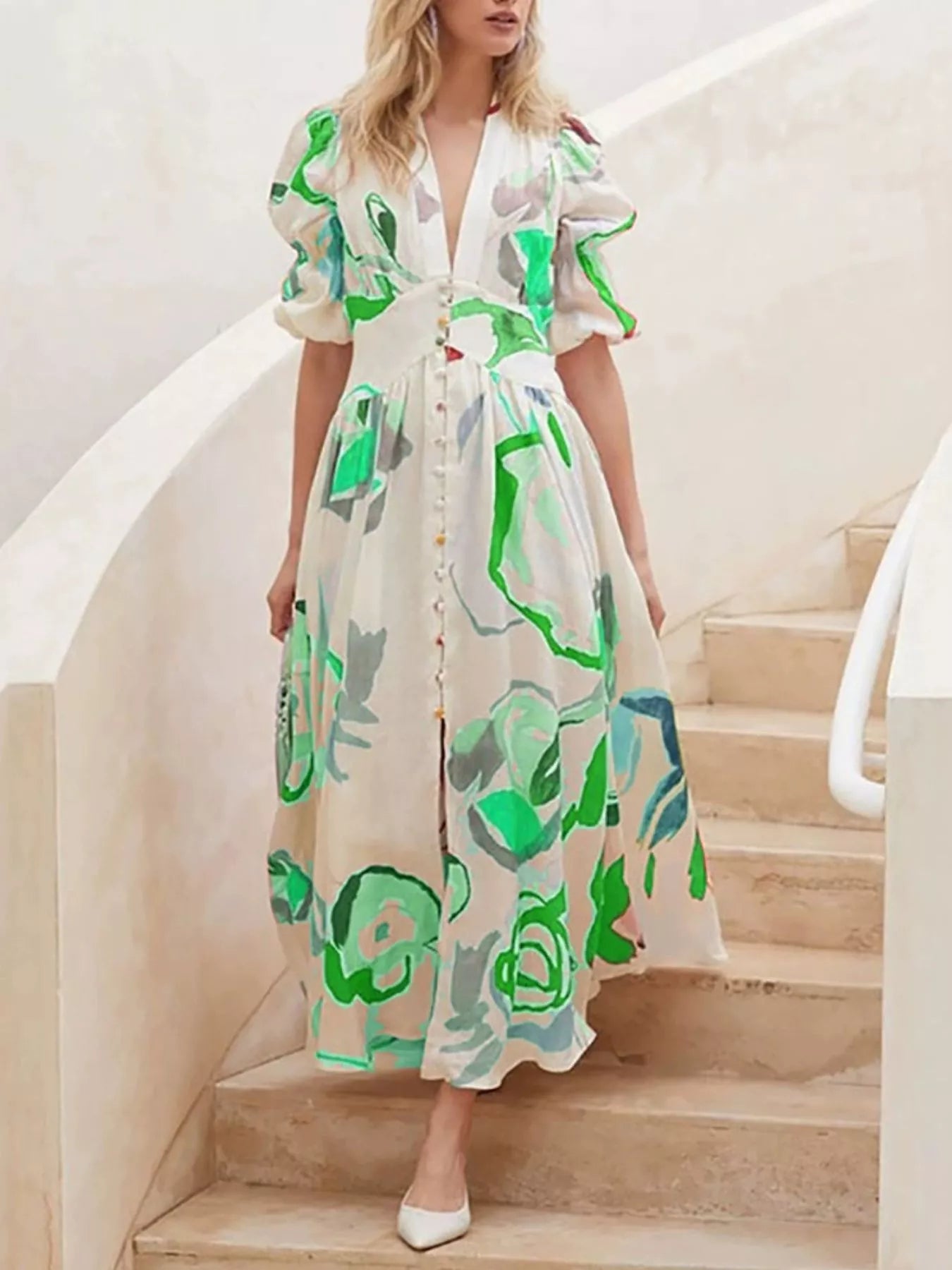 Full Size Abstract Print Puff Sleeve Midi Dress Plus Size