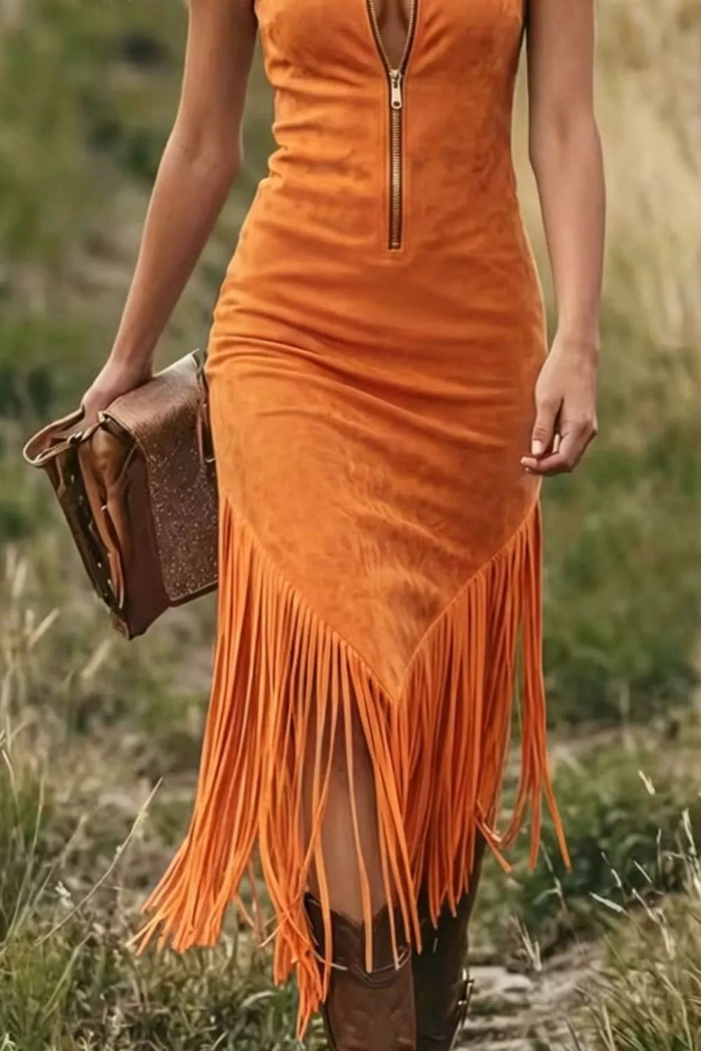 Fringe Zip Front Sleeveless Dress