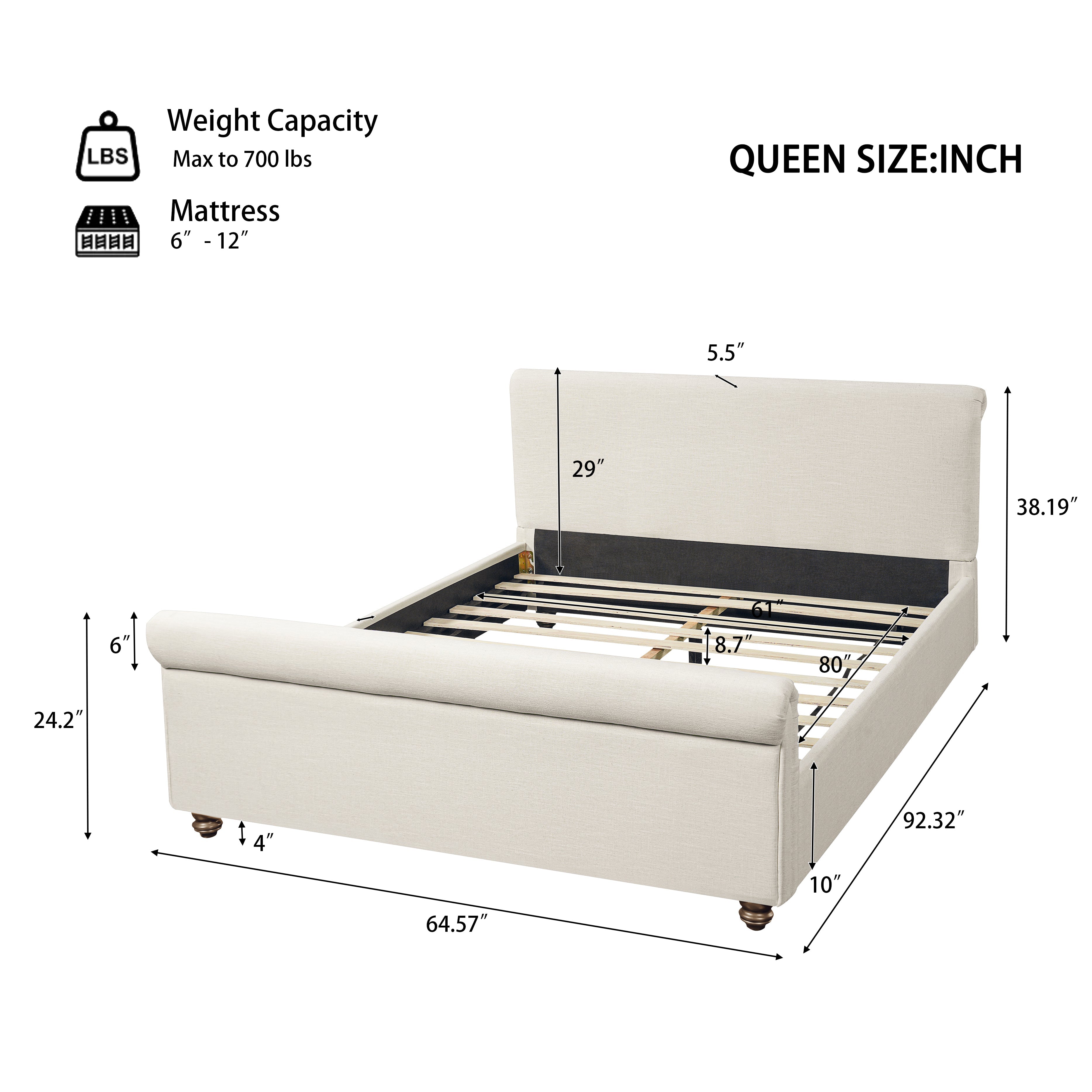 Queen Size Upholstered Bed Frame With Linen Fabric