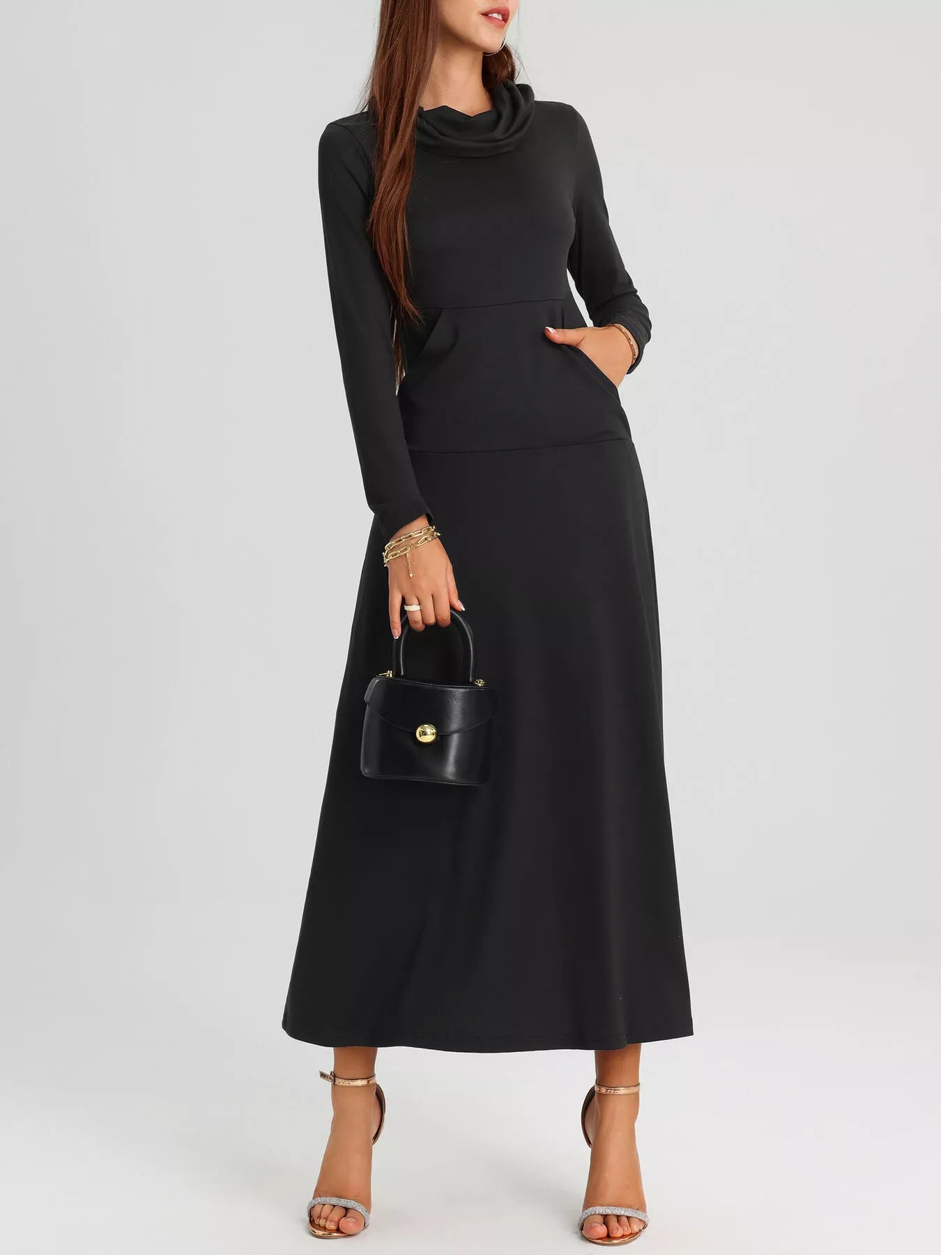 Cowl Neck Long Sleeve Midi Dress