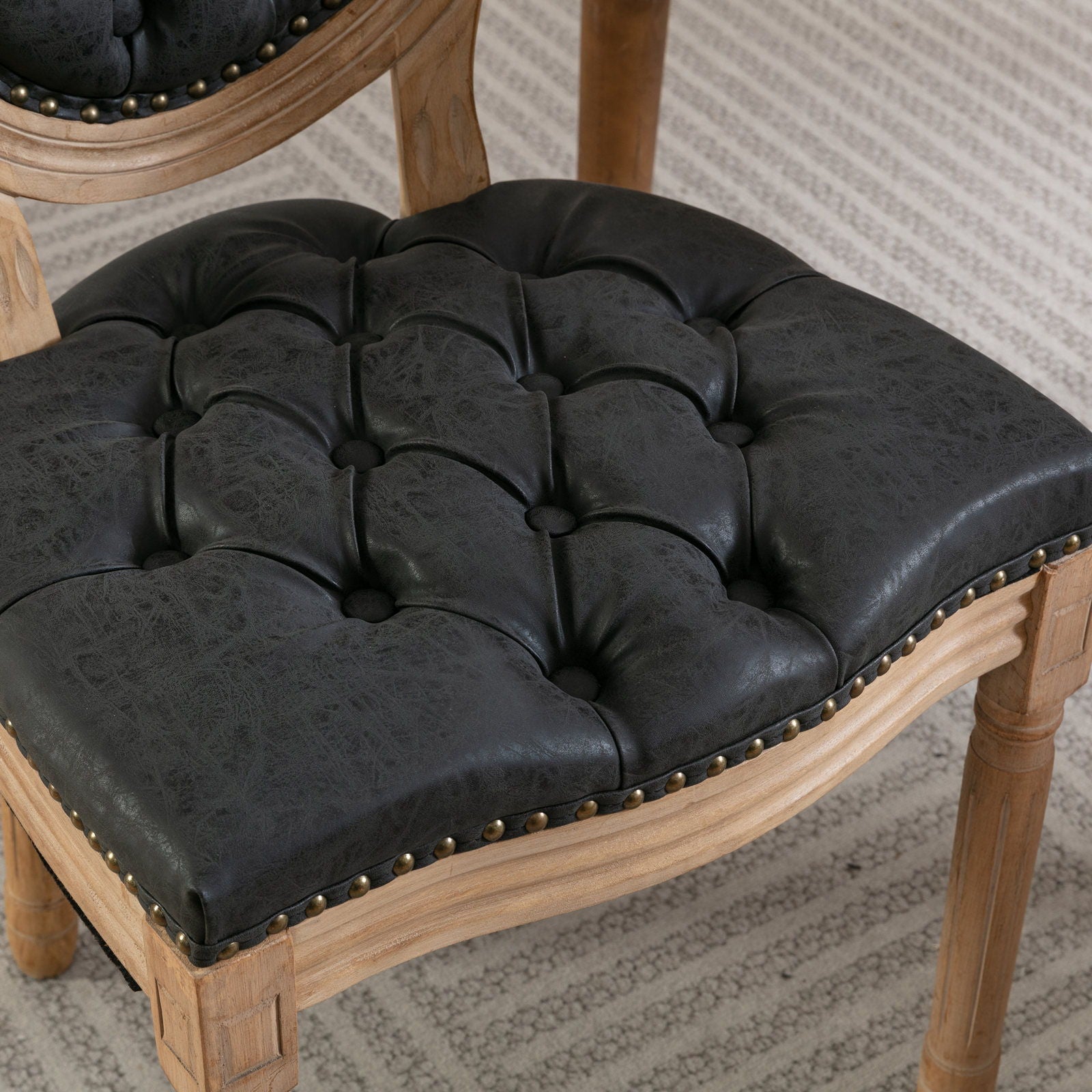 French Style Solid Wood Frame Antique Painting, Hand-Pulled Buckle Decoration Artificial Dining Chair With Nailhead Trim, Wood Legs