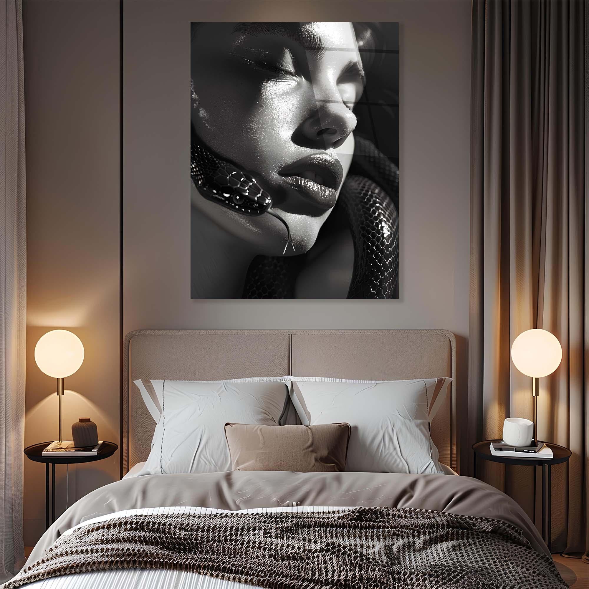 Surreal Woman and Snake Tempered Glass Art | Dark Art Wall Decor
