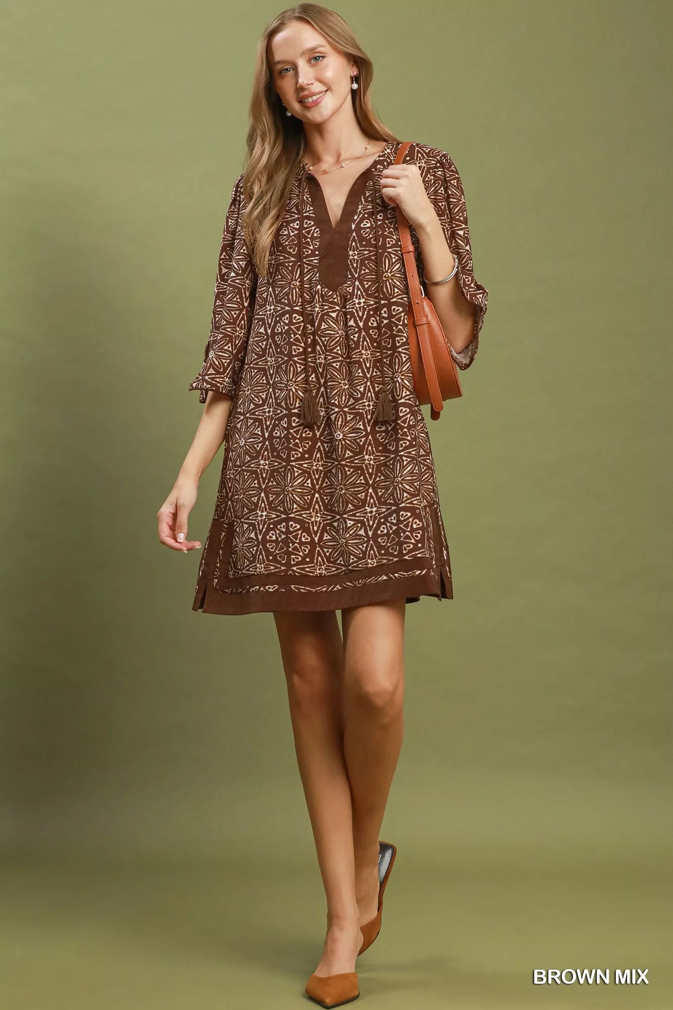 Umgee Mix Geometric Print V-Neck Tassel Detail Tunic Dress
