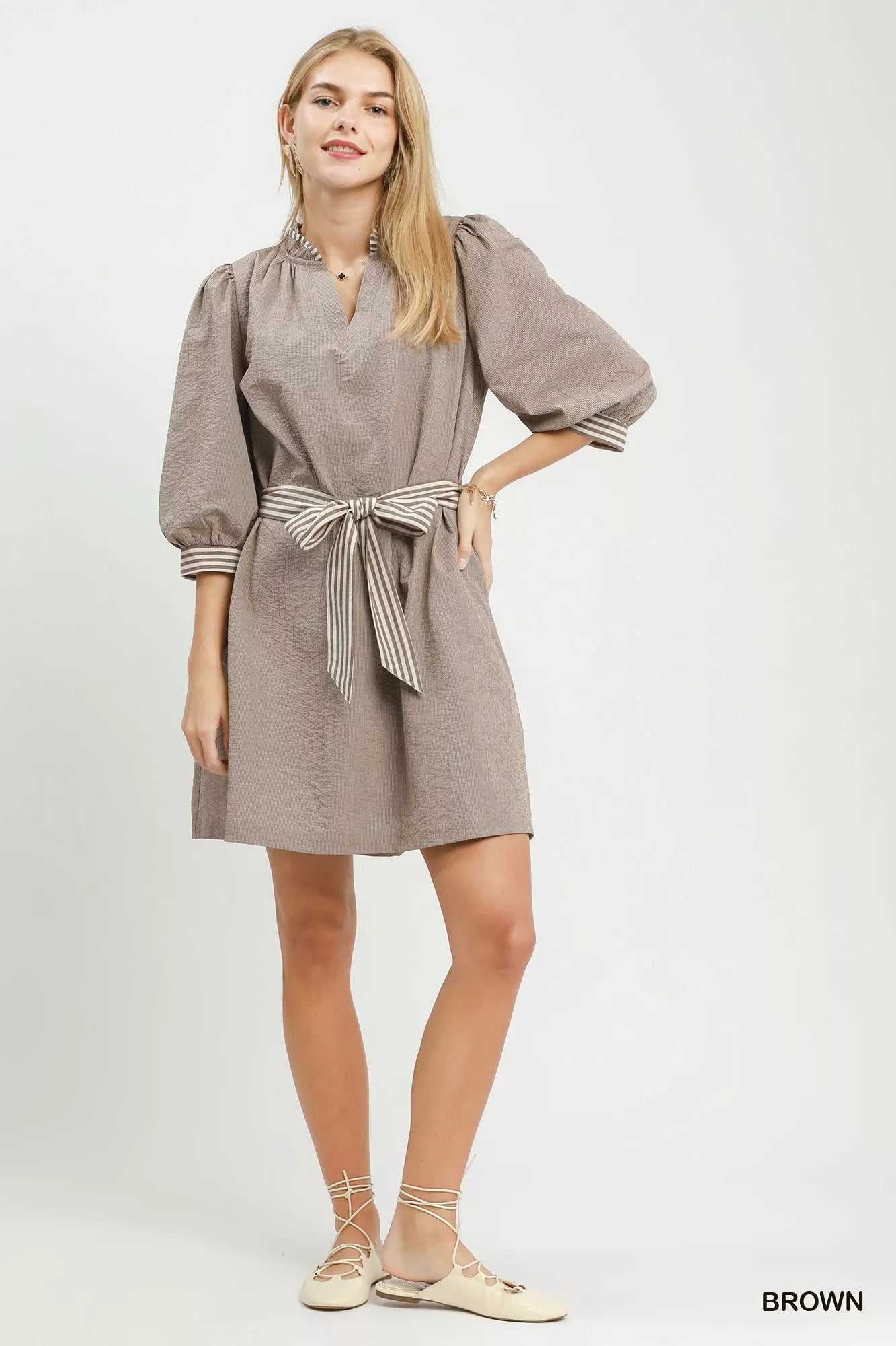 Umgee Textured Contrast Trim Tie Waist Mini Dress
