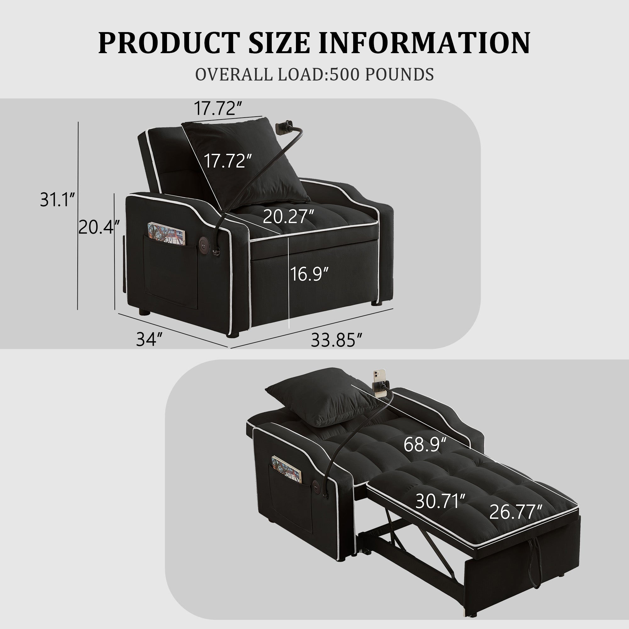 Sleeper Sofa Chair Bed - 3 In 1 Convertible Design