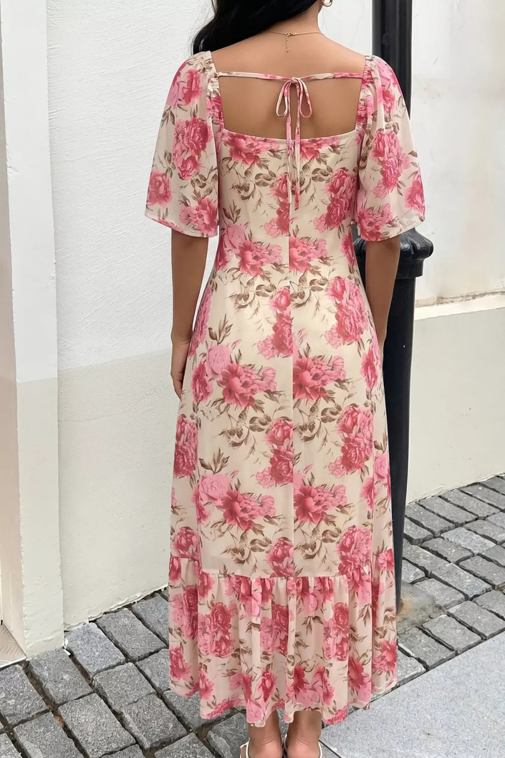 Floral Print Ruffle Hem Flutter Sleeve Dress
