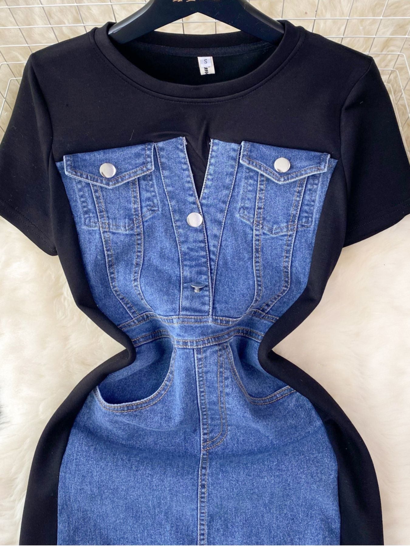 Full Size Denim Patchwork Short Sleeve Slit Back Dress Plus Size
