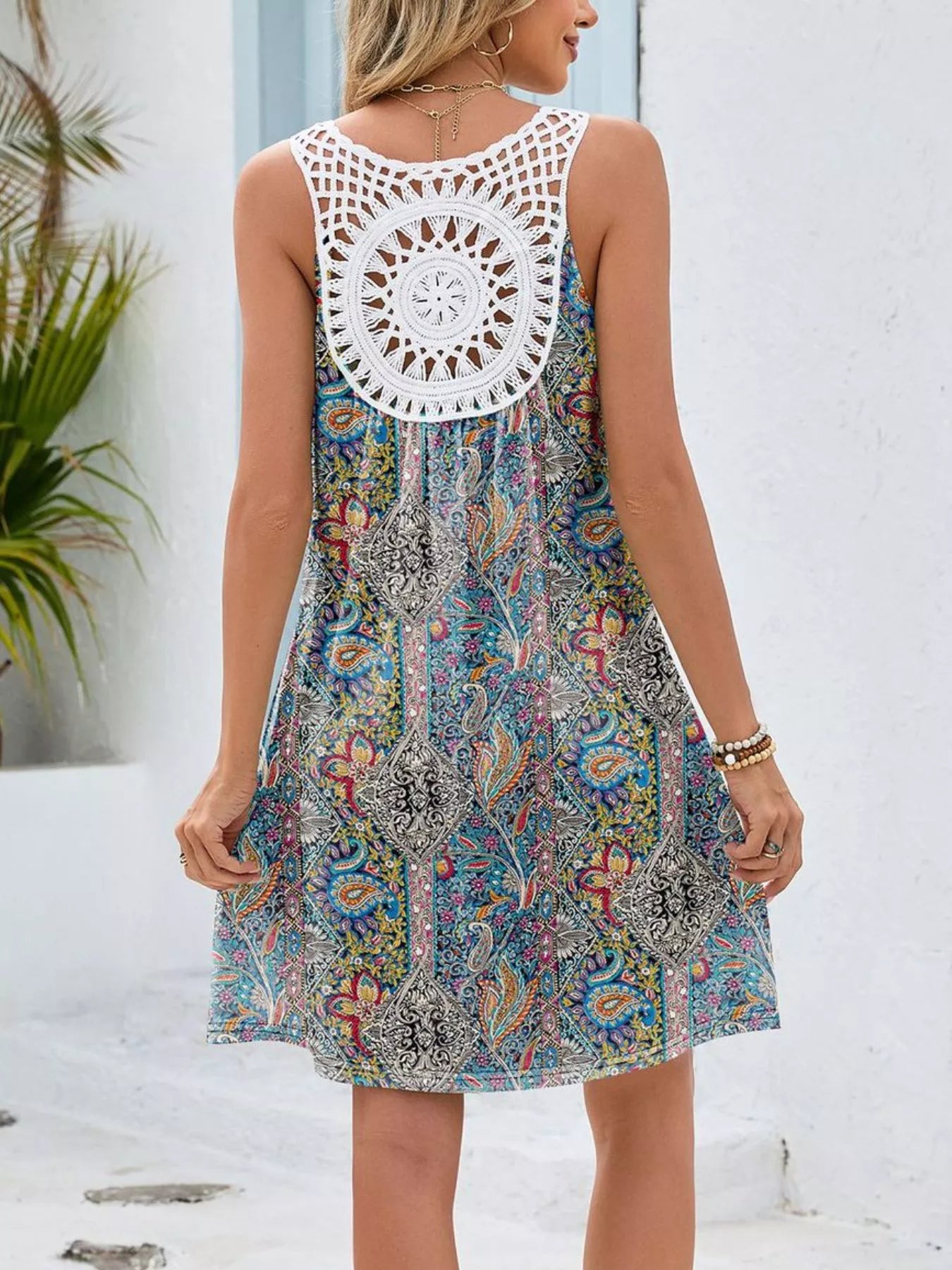 Floral Print V-Neck Crochet Back Mini Dress