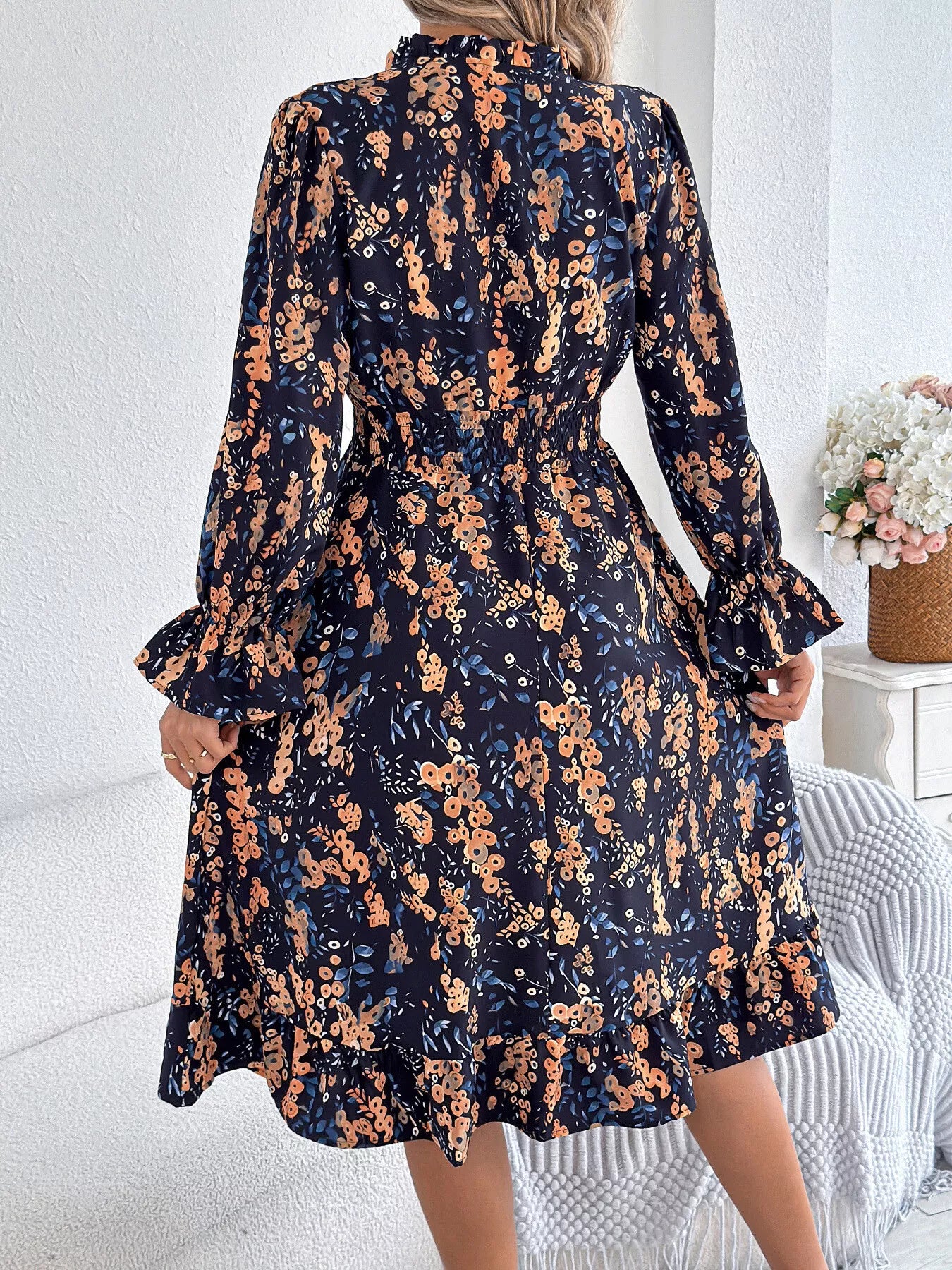Floral Print Ruffle Hem Flounce Sleeve A-Line Dress
