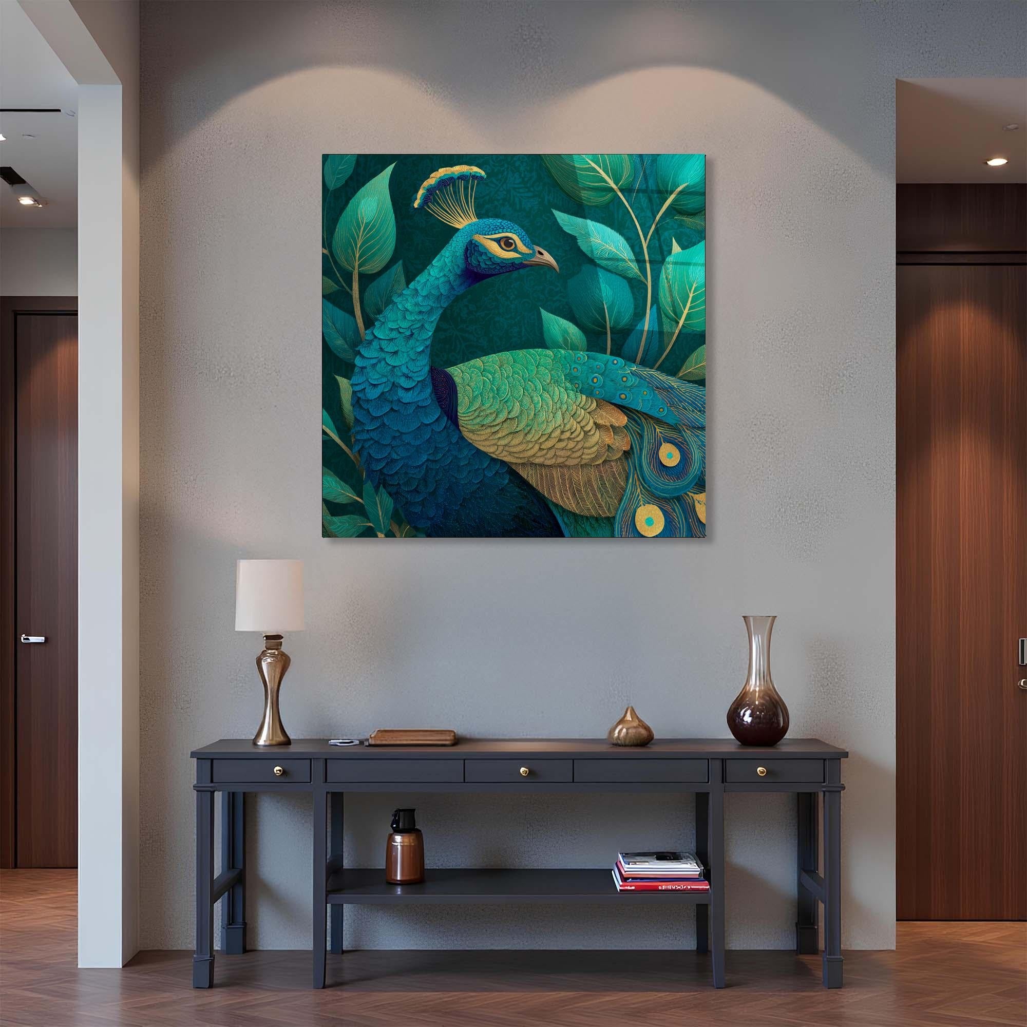 Teal & Gold Peacock Tempered Glass Wall Art | Elegant Home Decor