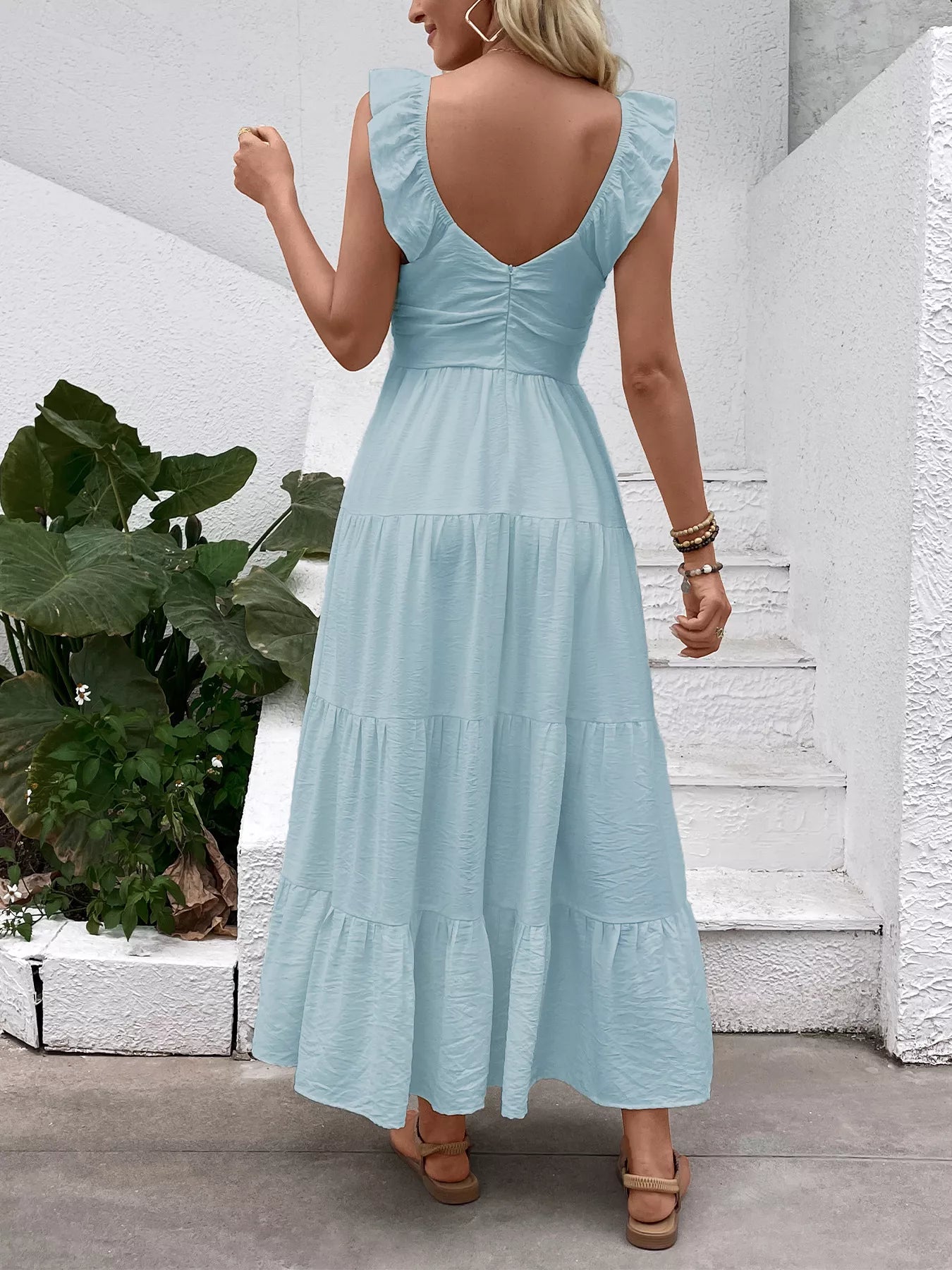 V-Neck Tiered Dress with Flutter Sleeves