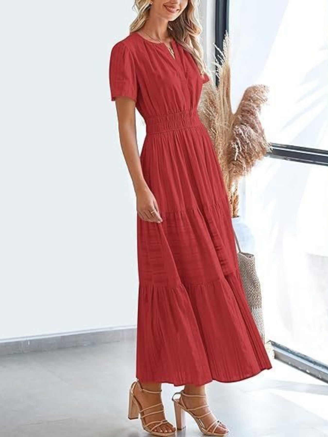 Notched Short Sleeve Tiered Dress