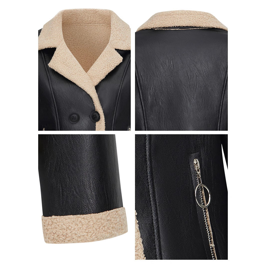 Fleece Padded Women's Leather Coat