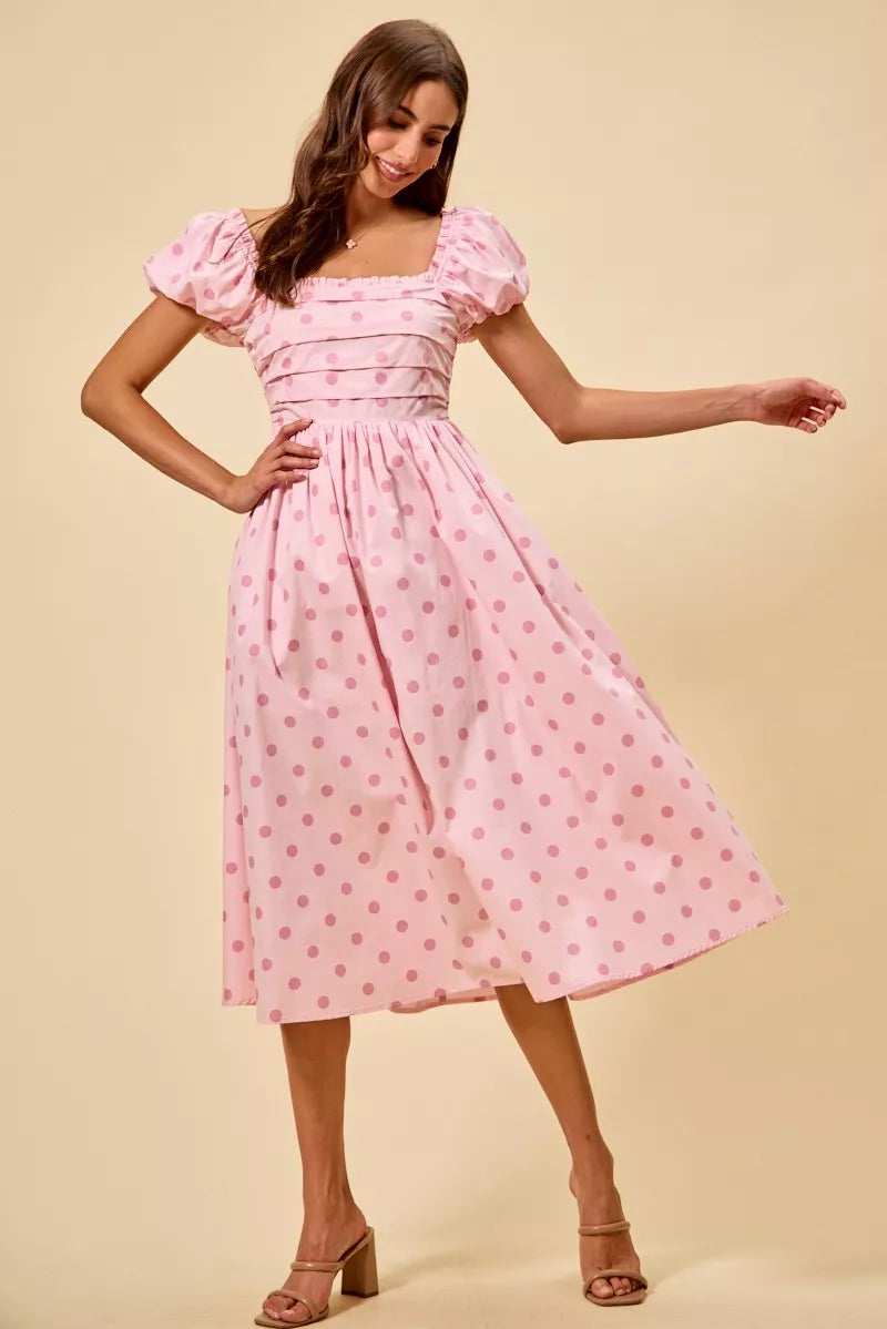 SO ME Polka Cotton Print Short Sleeves Midi Dress