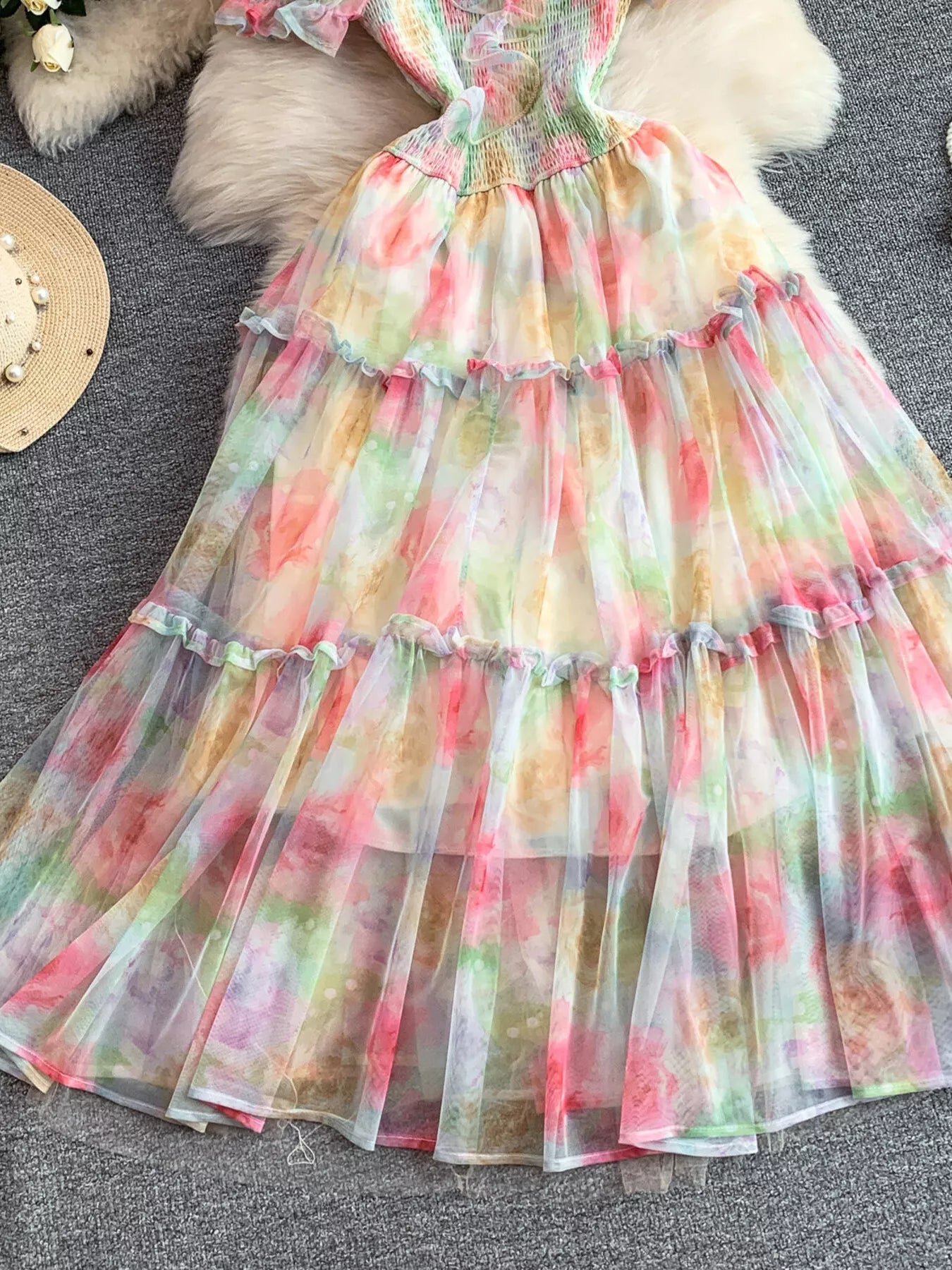 Smocked Floral Tiered Mesh Midi Dress