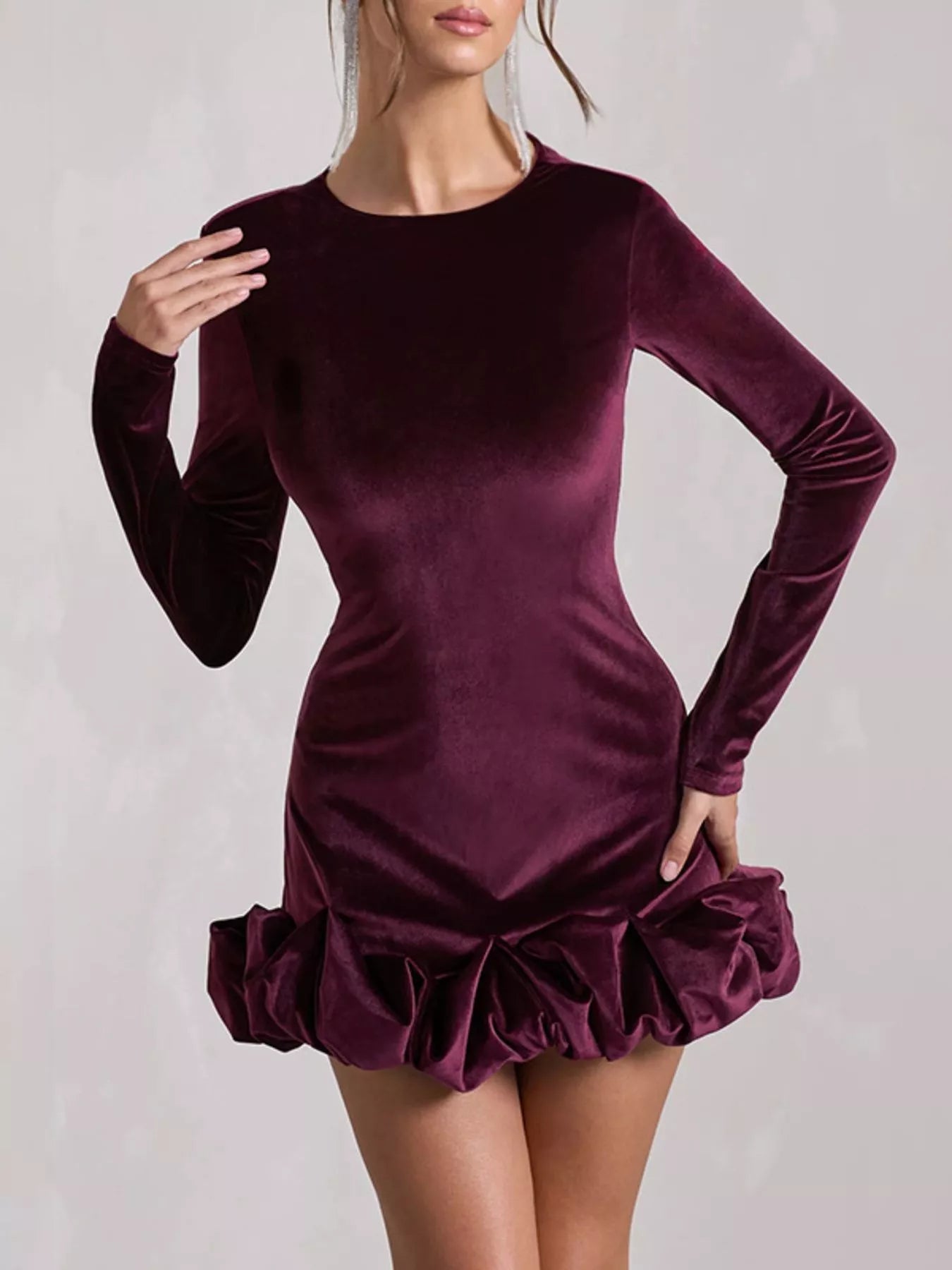 Velvet Ruched Hem Long Sleeve Dress