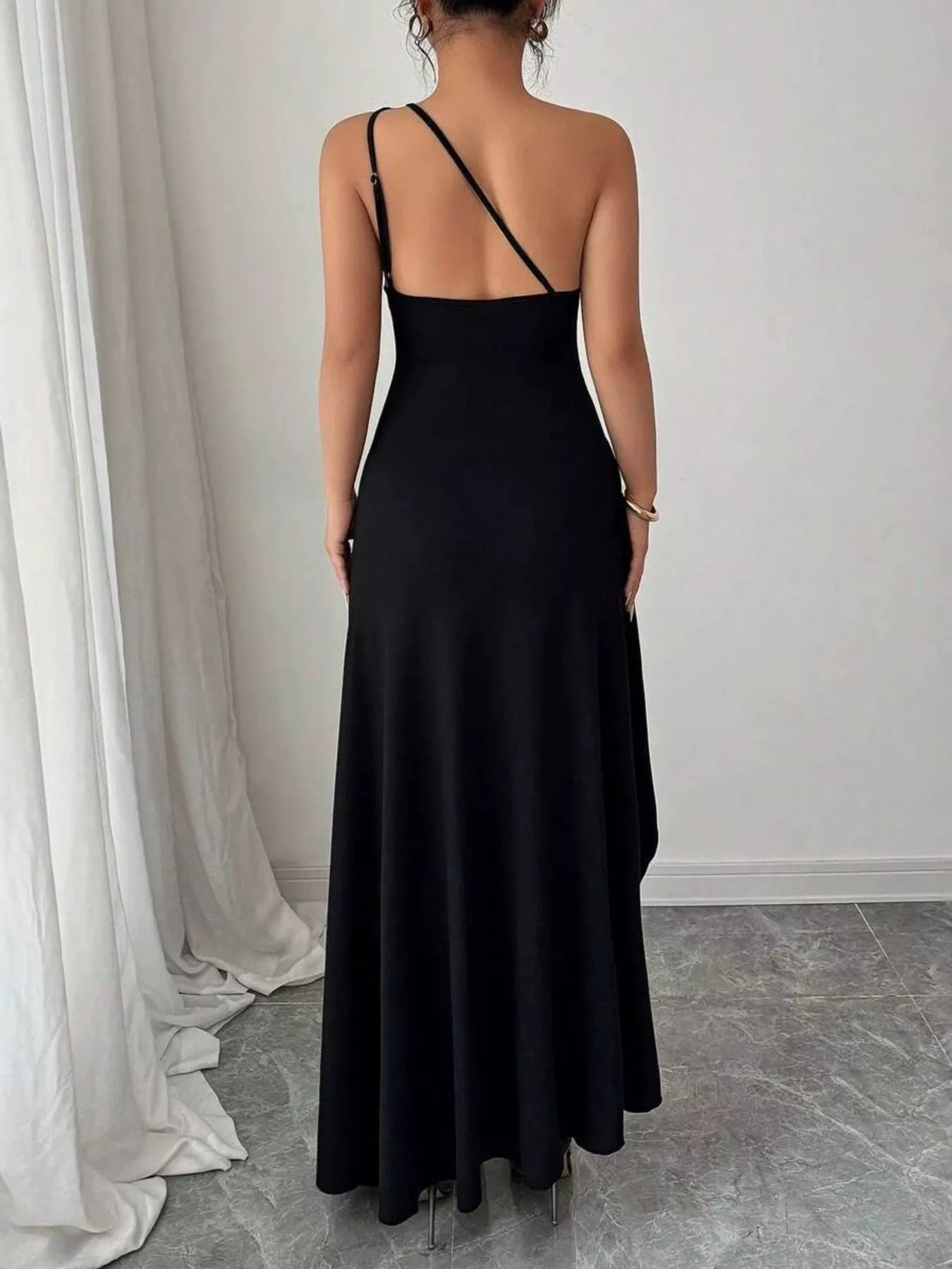 One-Shoulder Ruched High-Slit Maxi Dress
