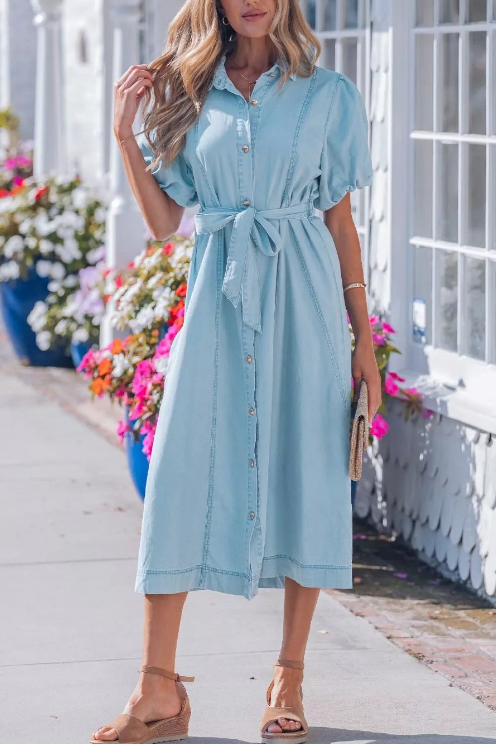 Full Buttons Collared Short Bubble Sleeve Long Denim Dress