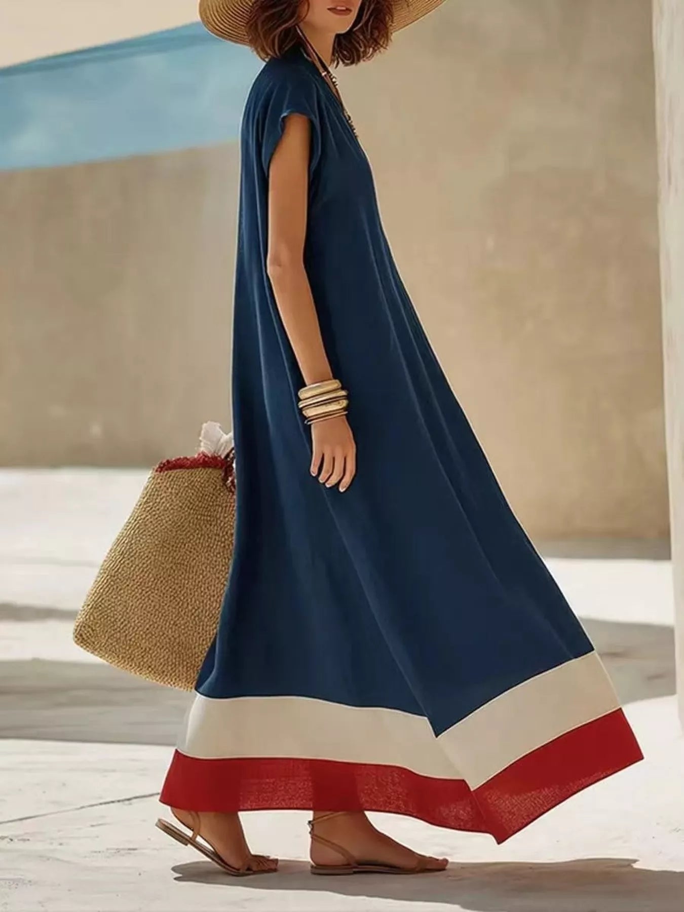 Color Block Hem V-Neck Maxi Dress