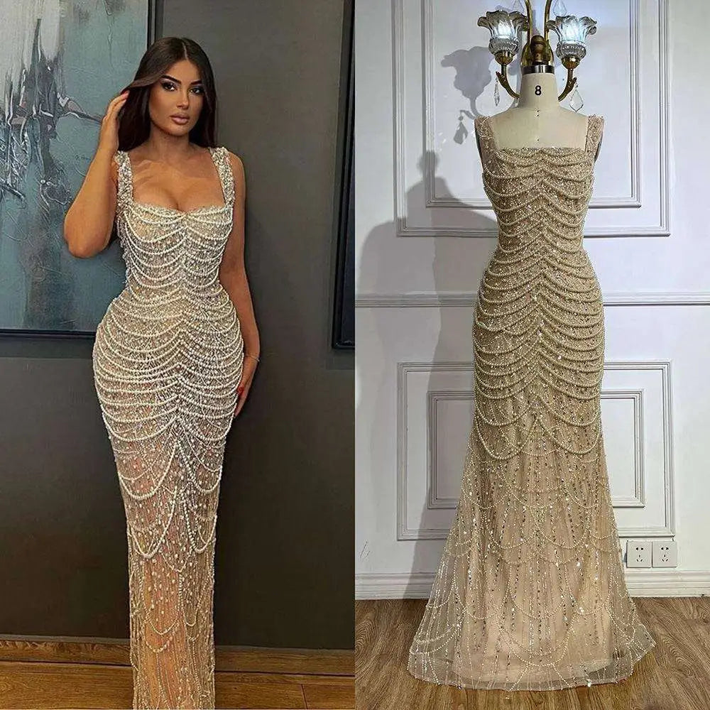 Beaded Nude Elegant Sling Luxury Gown