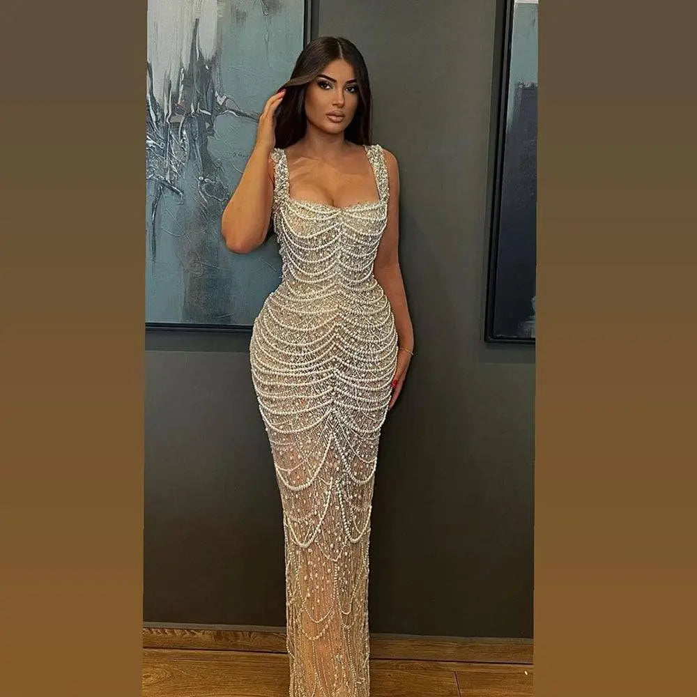Beaded Nude Elegant Sling Luxury Gown
