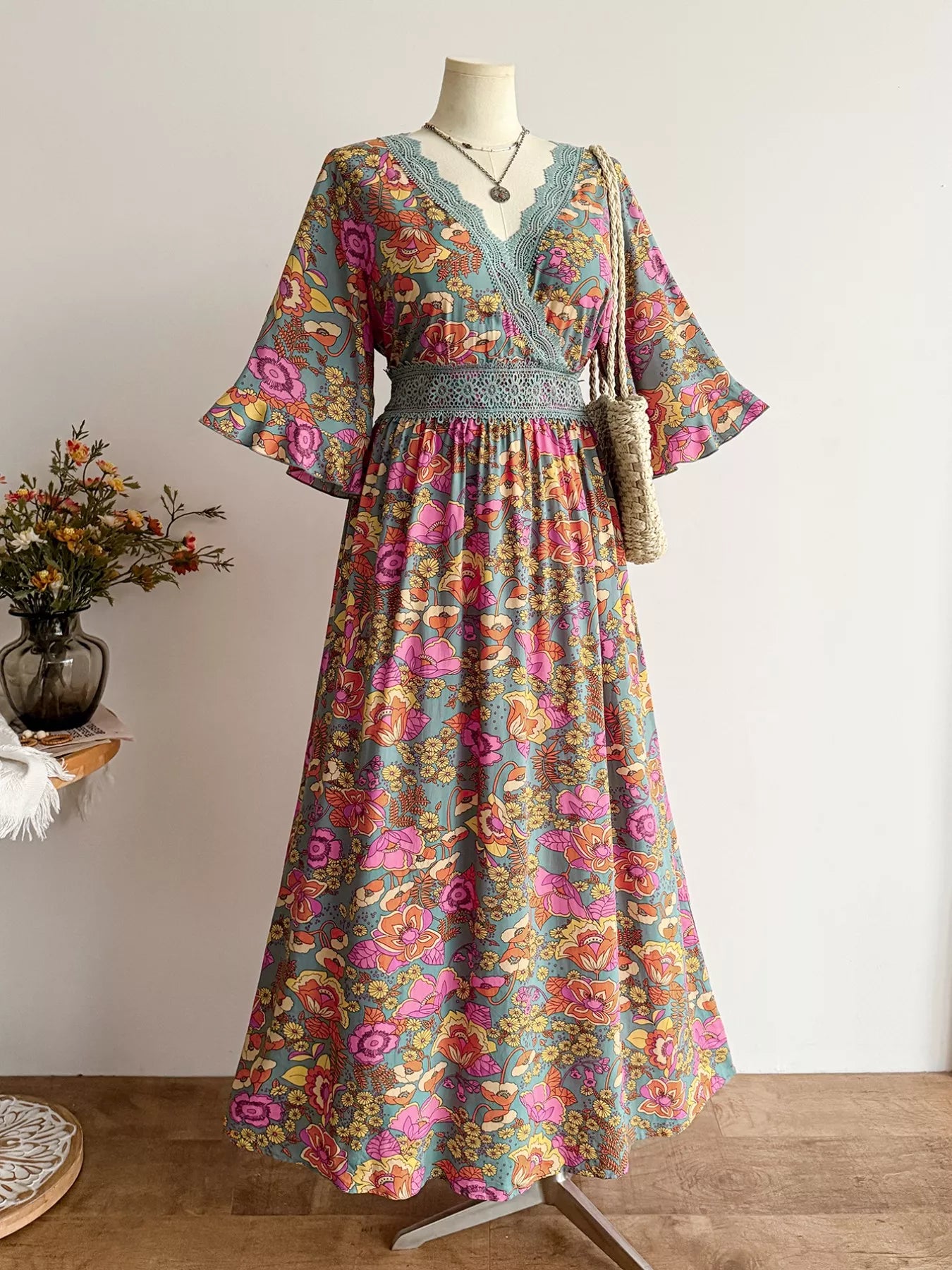 Plus Size Lace Detail Floral Surplice Dress