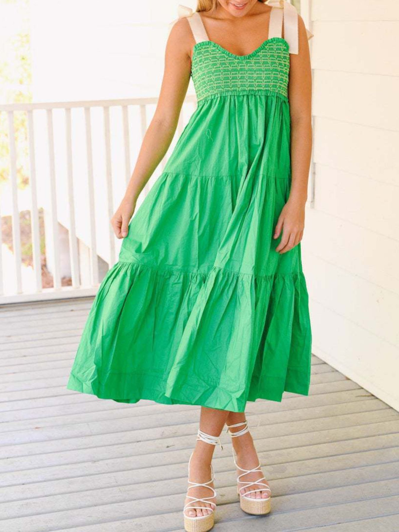 Tie Shoulder Tiered Midi Dress