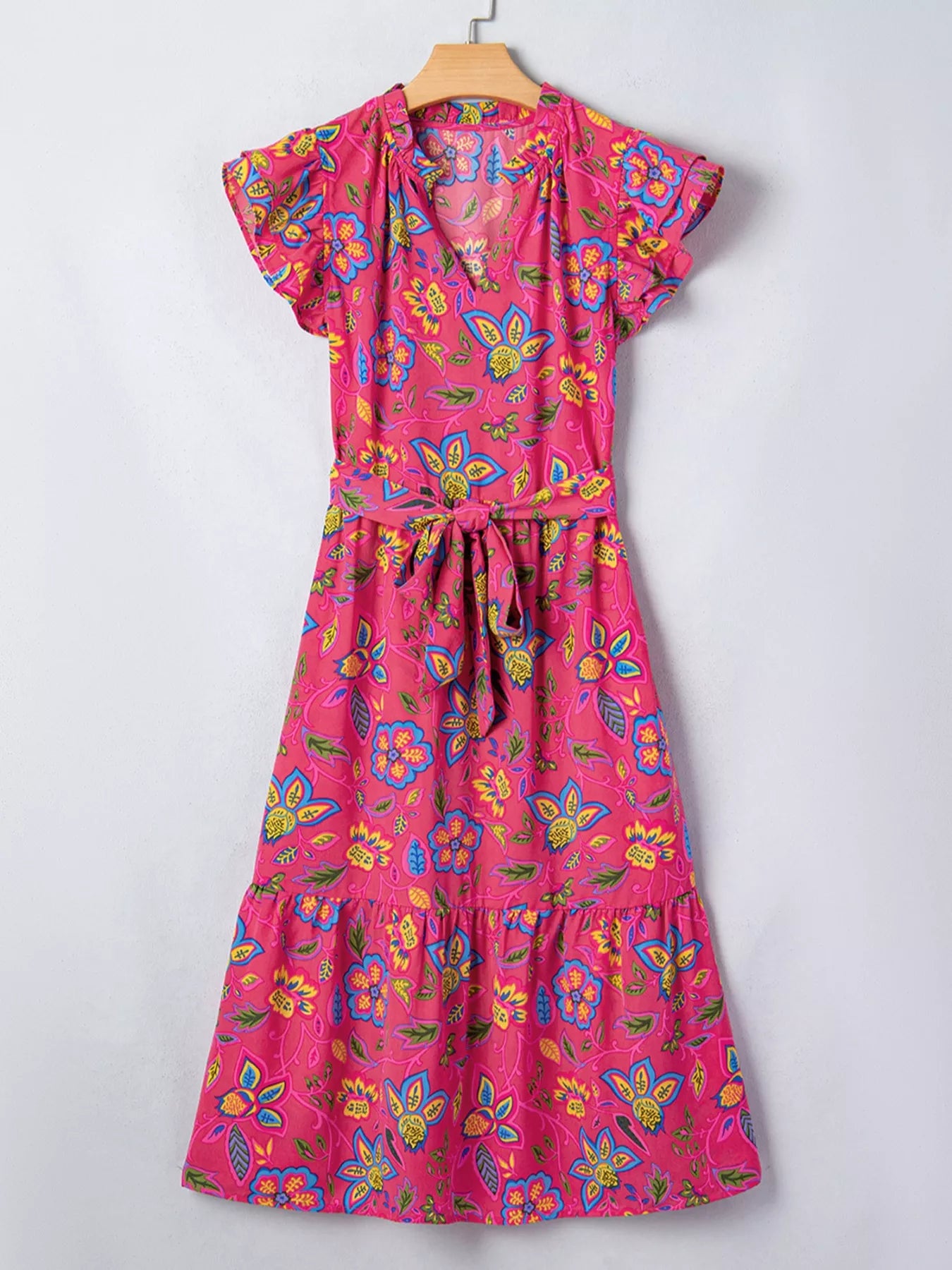 Flutter Sleeve Belted Floral Dress