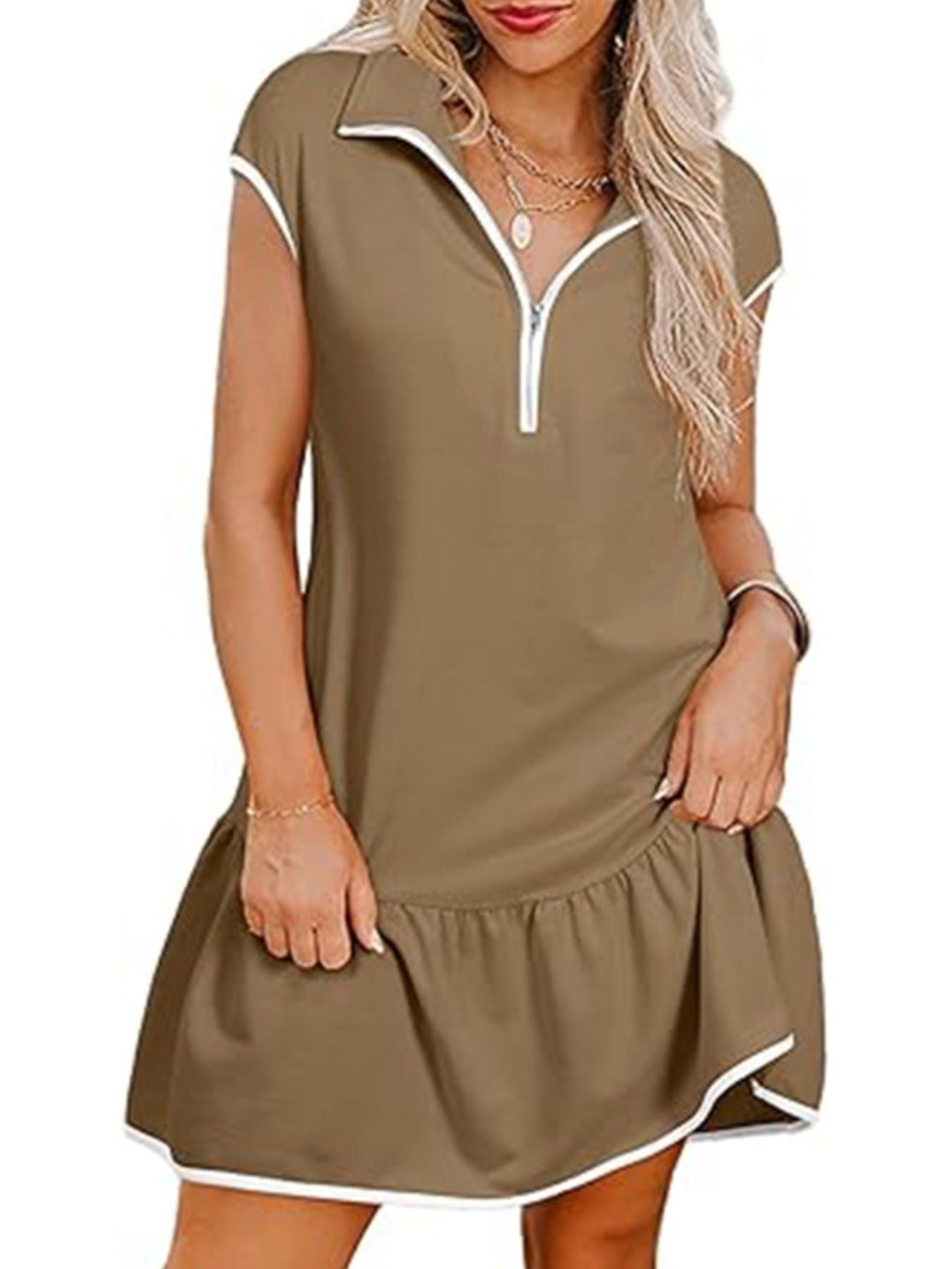 Zip Front Cap Sleeve Ruffle Hem Dress