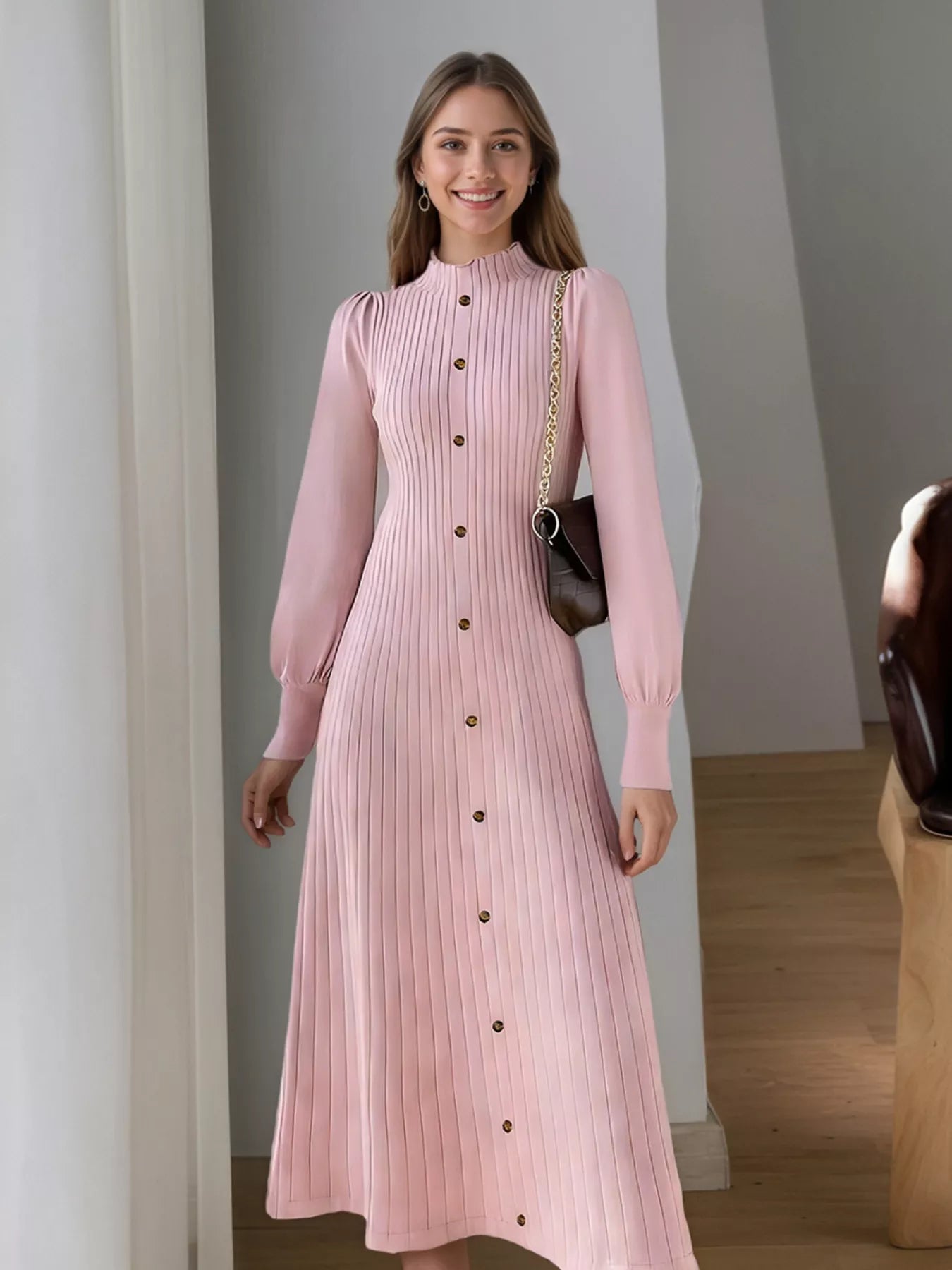 Ribbed Knit Mock Neck Midi Dress