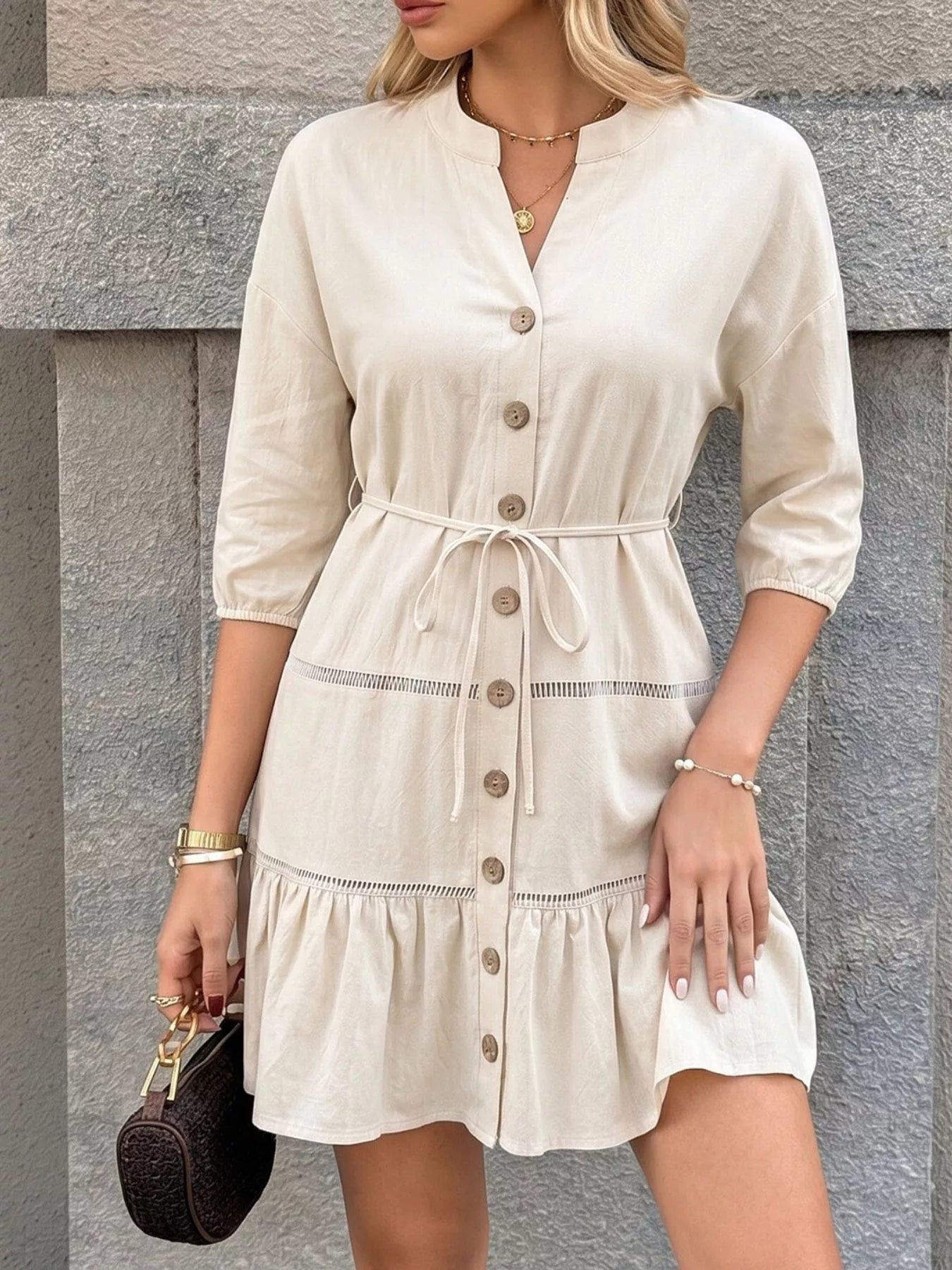 Button-Front Ruffle Hem Mini Dress