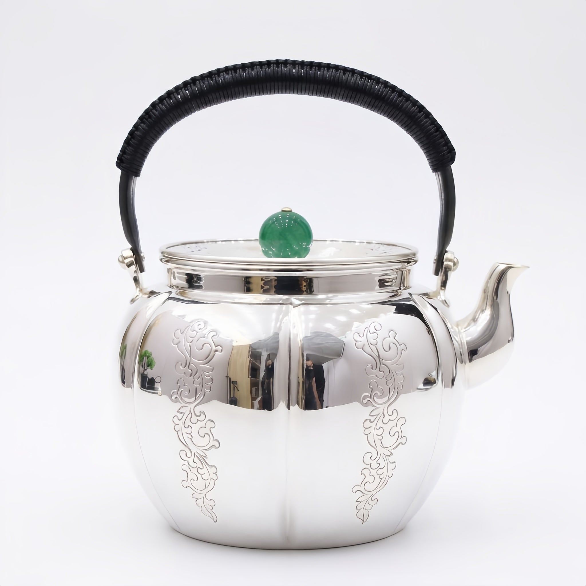 Pure 999 Fine Silver Elegant Silver Teapot with Green Jade Finial and Woven Black Handle - Handicraft
