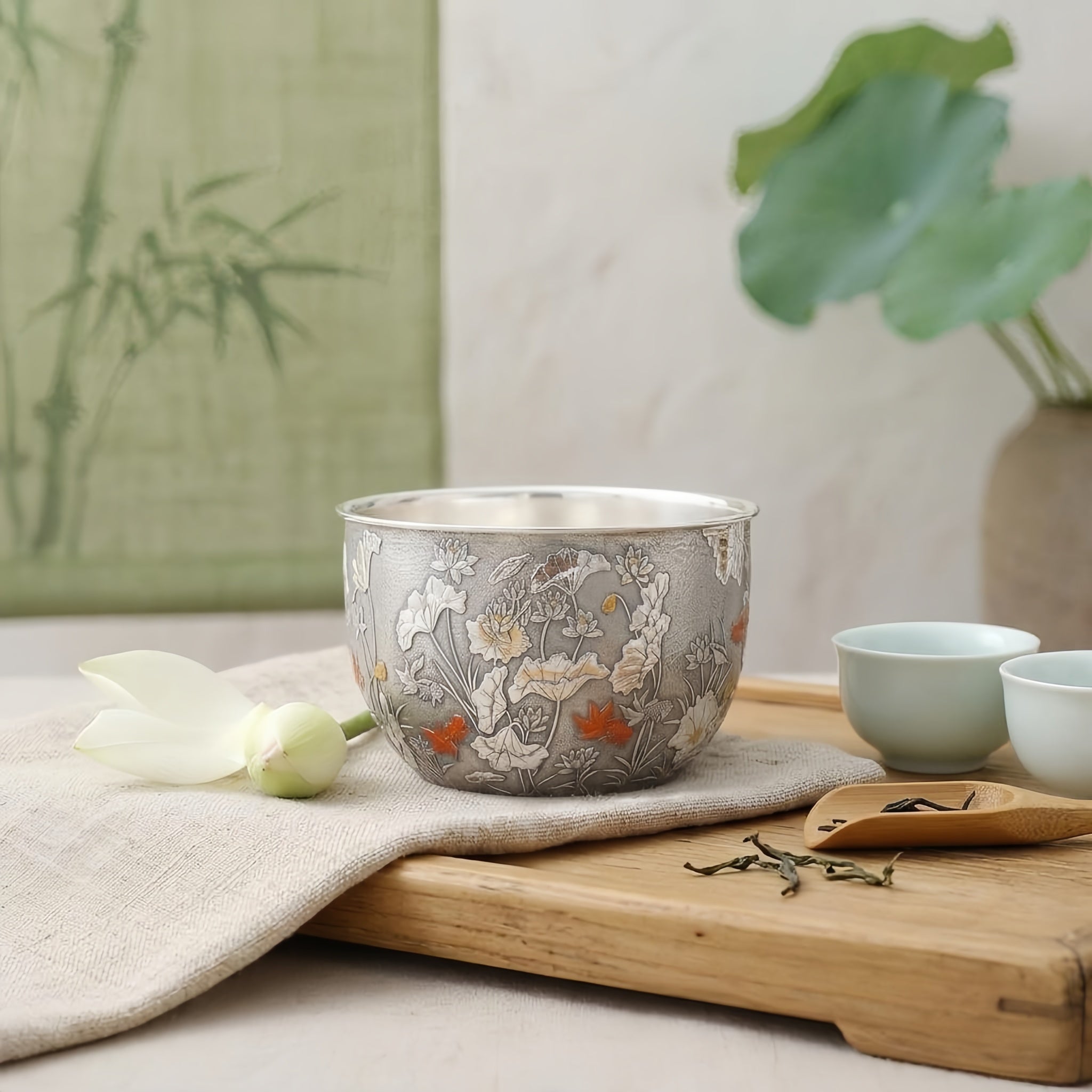 925 Sterling Silver Artisanal Silver Bowl Featuring Ornate Lotus Garden and Swimming Red Fish - Handicraft